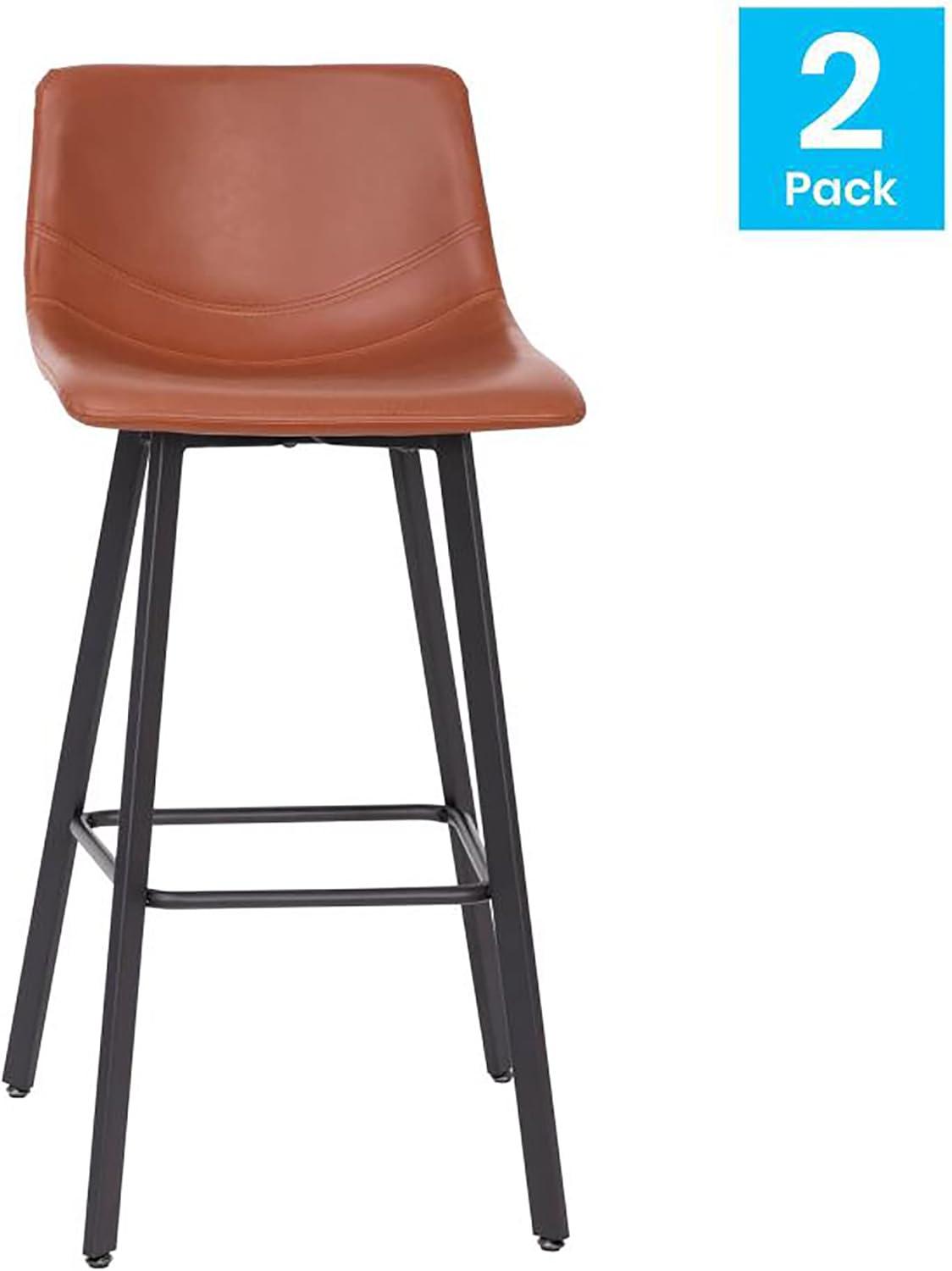 Flash Furniture Set of 2 Commercial Indoor Armless Iron Barstools - Cognac LeatherSoft