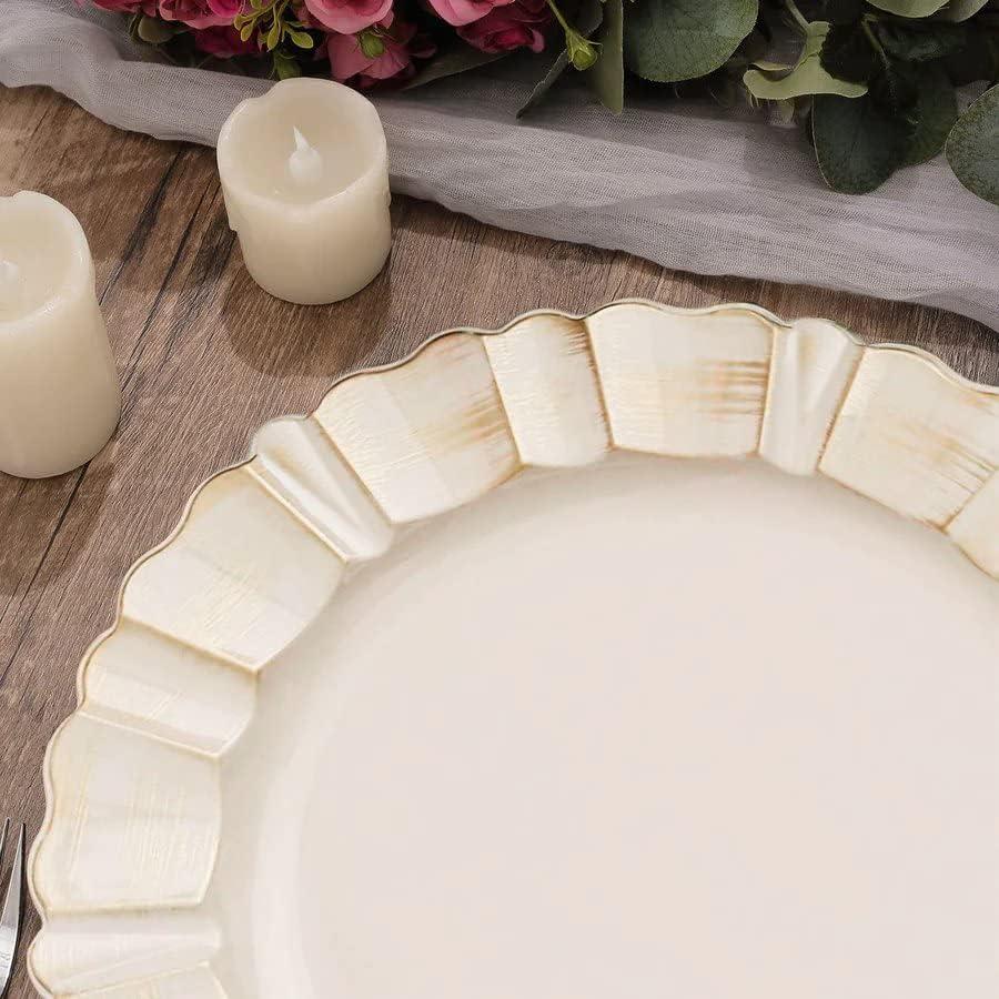 BalsaCircle 6 Dusty Blue Gold 13" Acrylic Wooden Textured Round Scalloped Trim Plastic Charger Plates