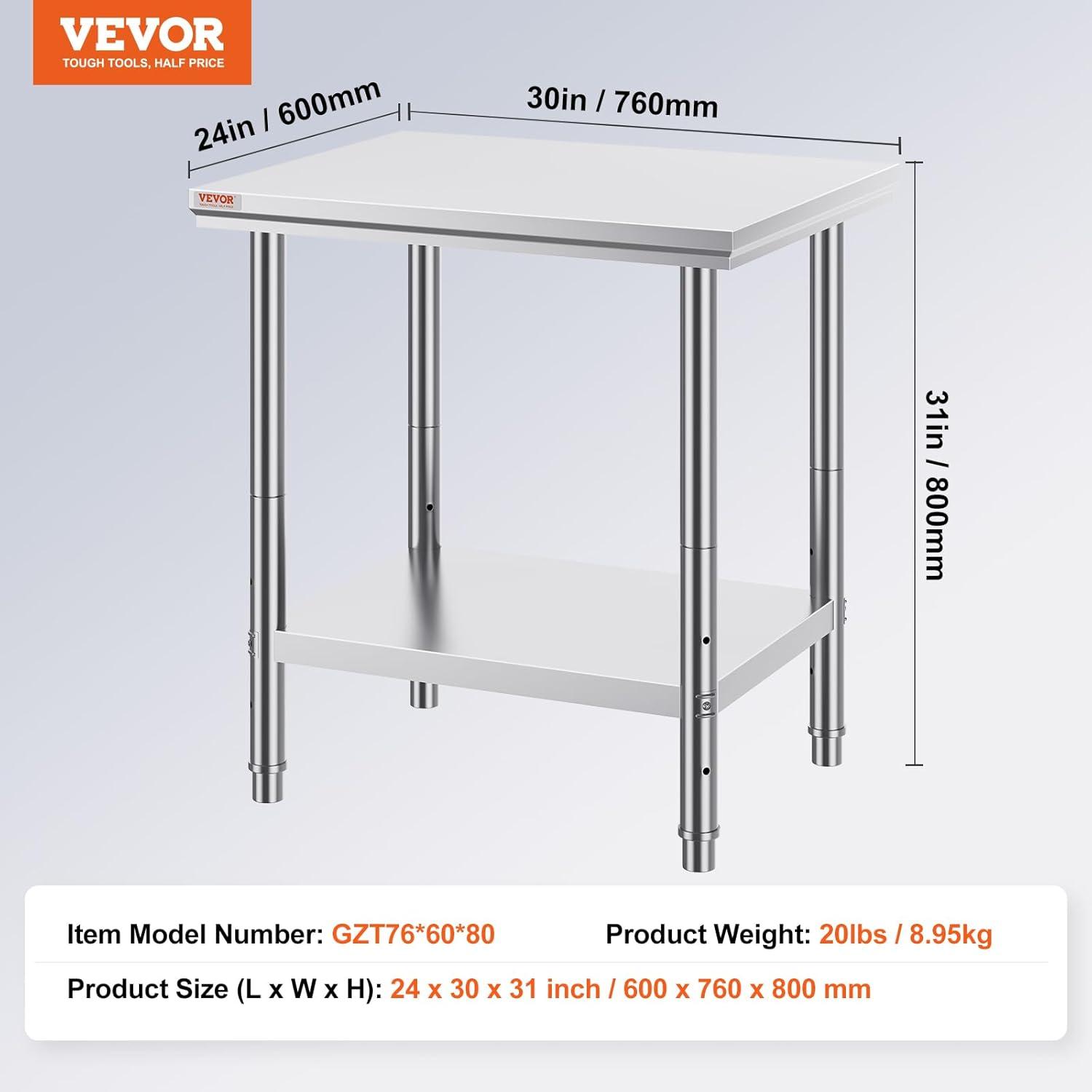 Heavy Duty Stainless Steel Kitchen Prep Table with Adjustable Shelf