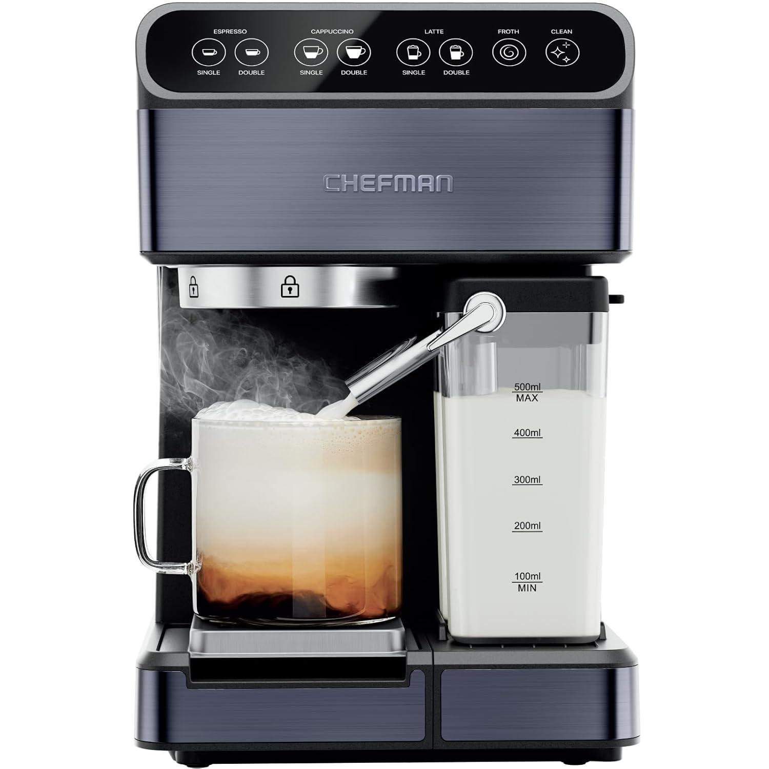 Chefman Barista Pro Plus Espresso Machine w/ Milk Frother, 20 Bar Pump, Black Stainless Steel