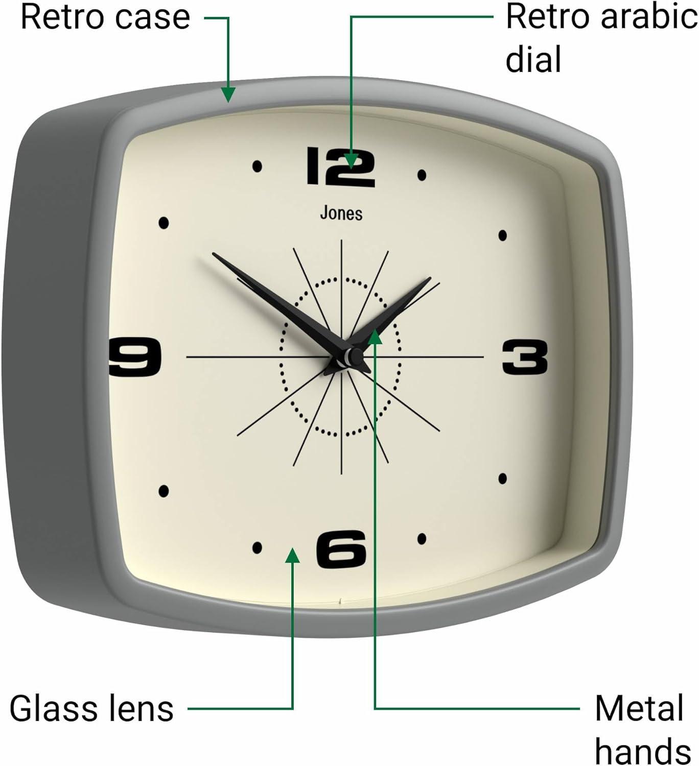 JONES CLOCKS® Movie Wall Clock | Rectangular Retro Clock | 10 inch | Grey | Cool mid-Century Designer Look for Kitchen, Living Room or Office