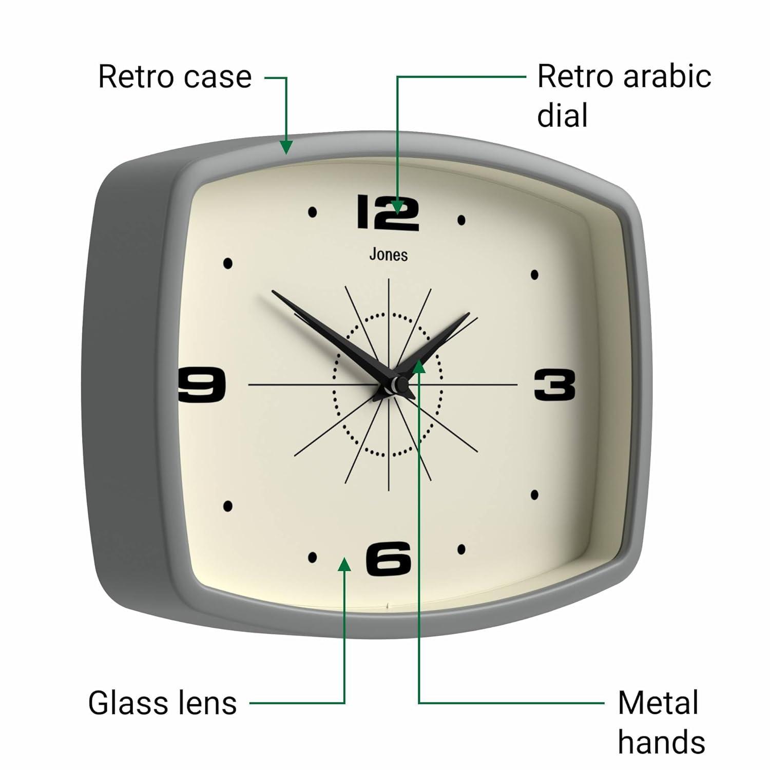 JONES CLOCKS® Movie Wall Clock | Rectangular Retro Clock | 10 inch | Grey | Cool mid-Century Designer Look for Kitchen, Living Room or Office