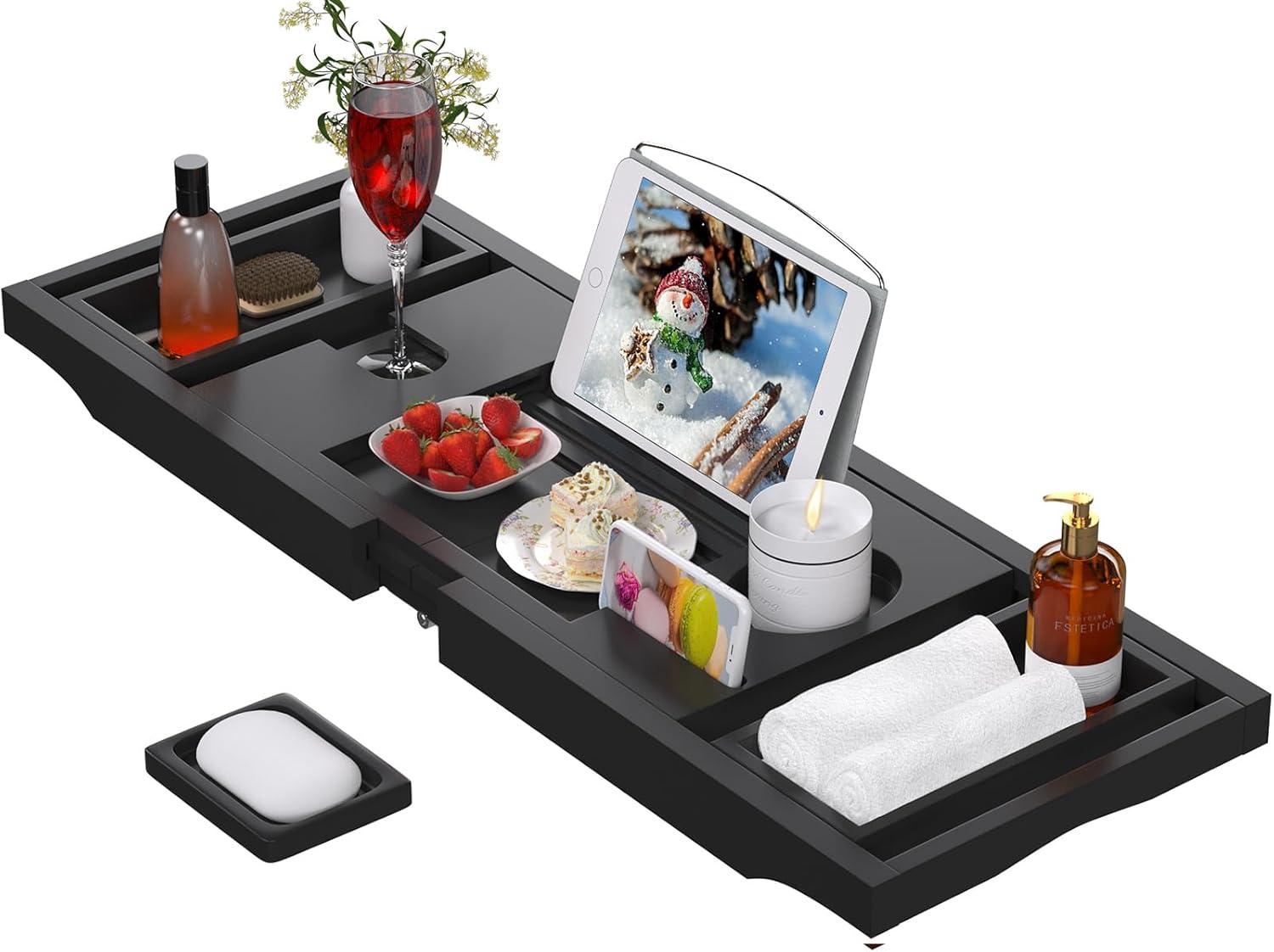 Premium Bathtub Caddy Tray,Expandable Bamboo Bath Tray for Tub,Foldable Minimalist Bathroom Accessories with Book Stand for Home Spa Relaxing,Unique House Warming Gifts,Natural
