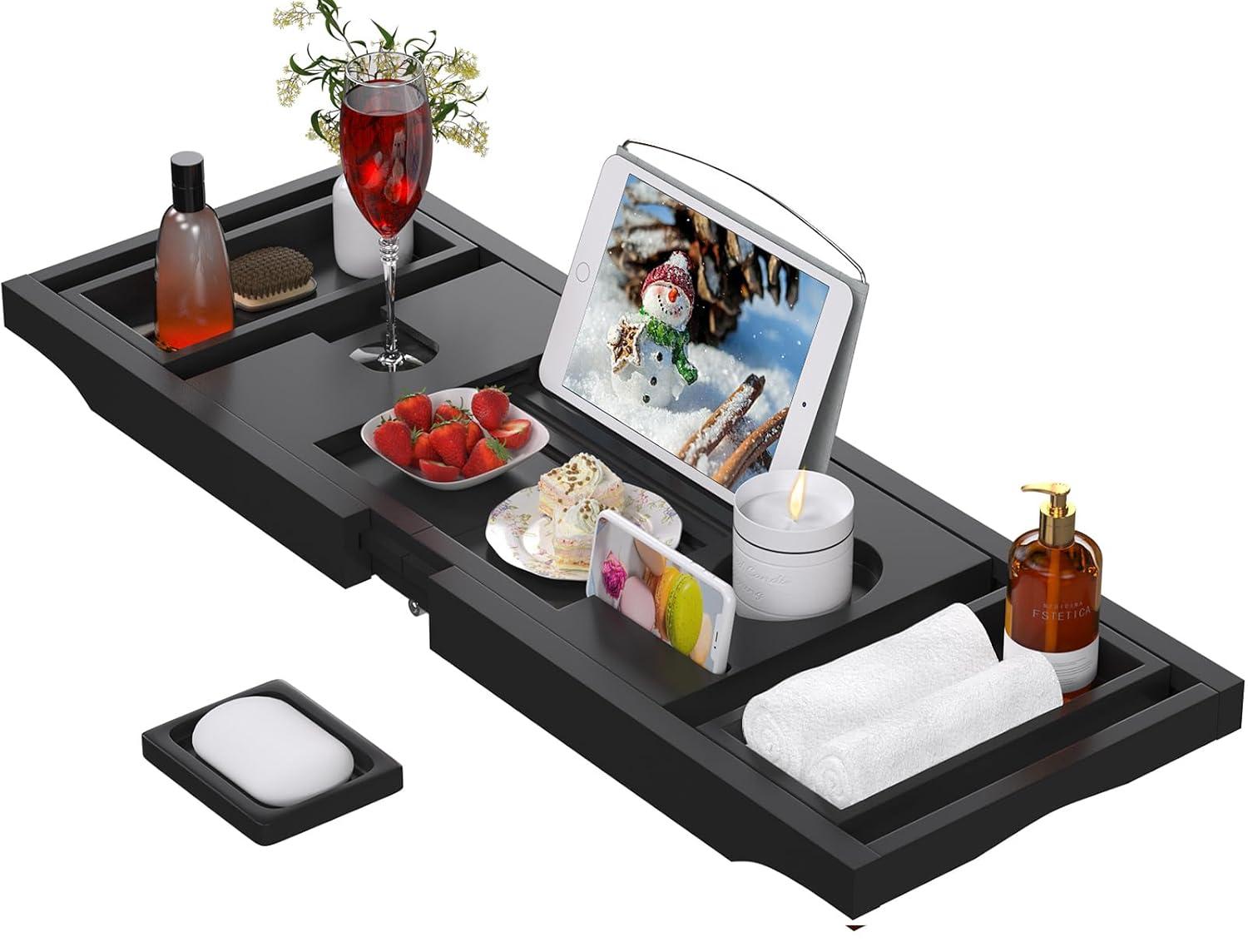 Artmalle Foldable Bathtub Tray for Tub, Bamboo Bathtub Caddy Tray Table with Book Stand for Luxury Bath, Bathroom Accessories for Women Men with Free Soap Dish (Semi-Simple, Natural) (Natural)