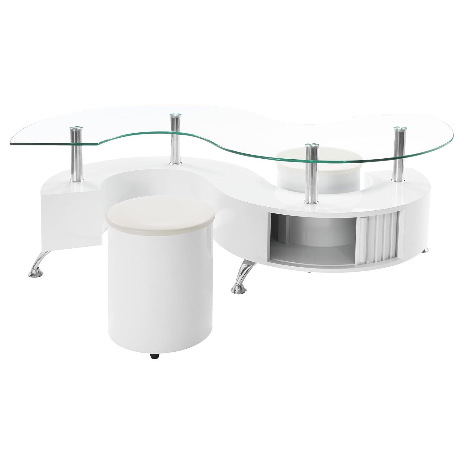 Coaster Buckley Wood Curved Glass Top Coffee Table With Stools in White