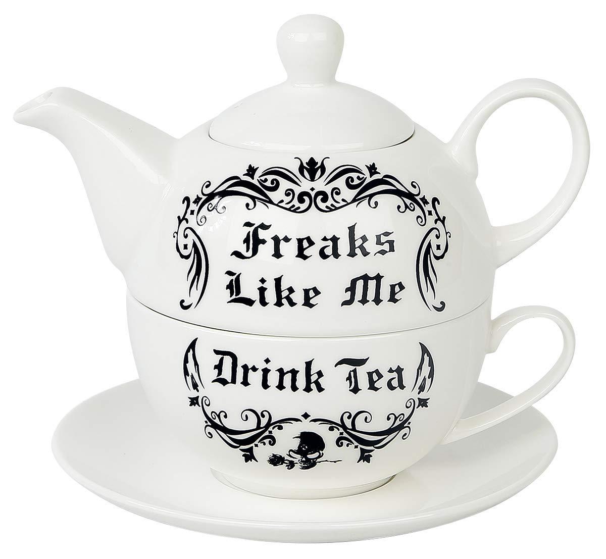 6.5 in. Freaks Like Me Drink Tea Set, White & Black - 3 Piece
