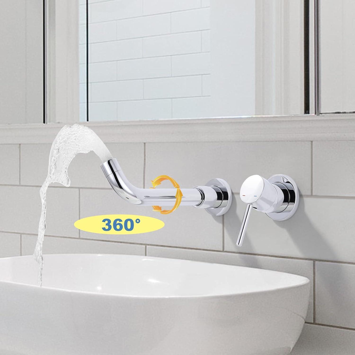 Chrome Wall Mount Single Handle Bathroom Faucet with Swivel Spout