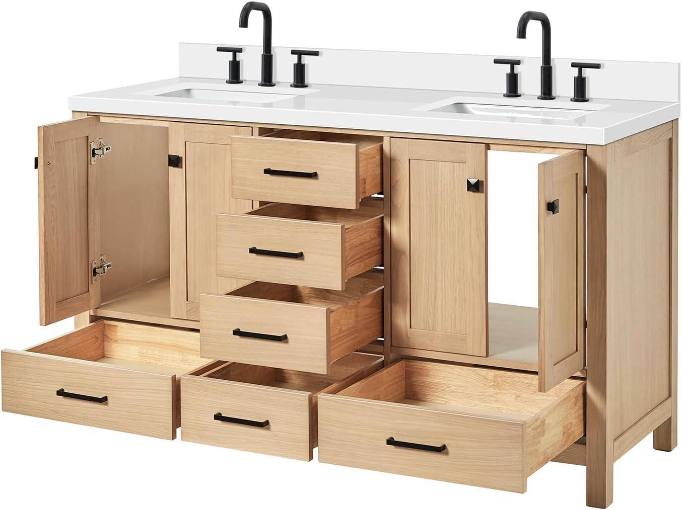 Cambridge 61'' Oak Double Freestanding Vanity with Quartz Top