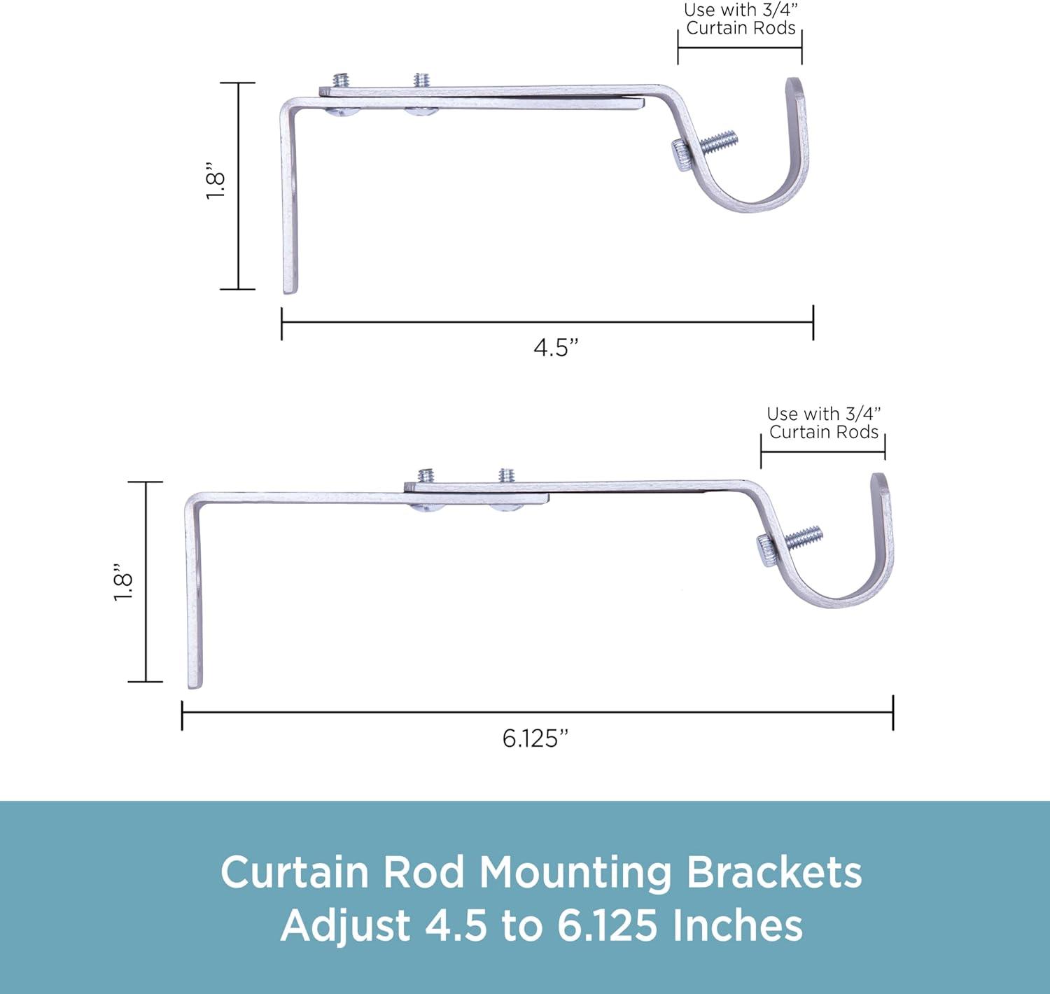 Kenney 3/4" Adjustable 4.5-6.125" Curtain Rod Mounting Brackets, Set of 2, Satin Nickel