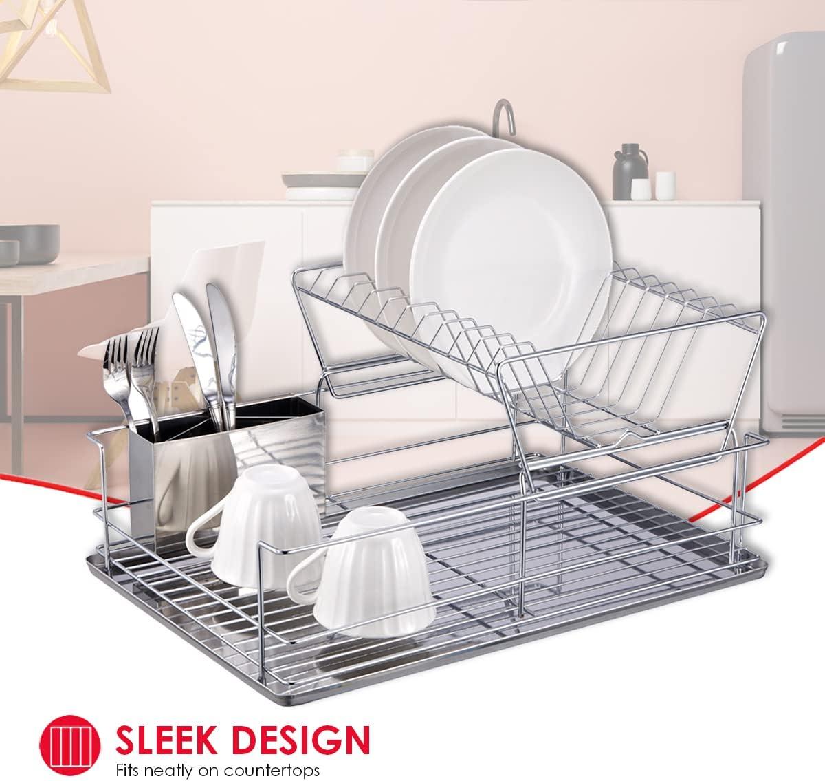 Dish Drying Rack, 2-Tier Dish Rack with Utensil Holder, Dish Drainer for Kitchen, Plated Chrome Dish Dryer (Heavy duty, Silver)