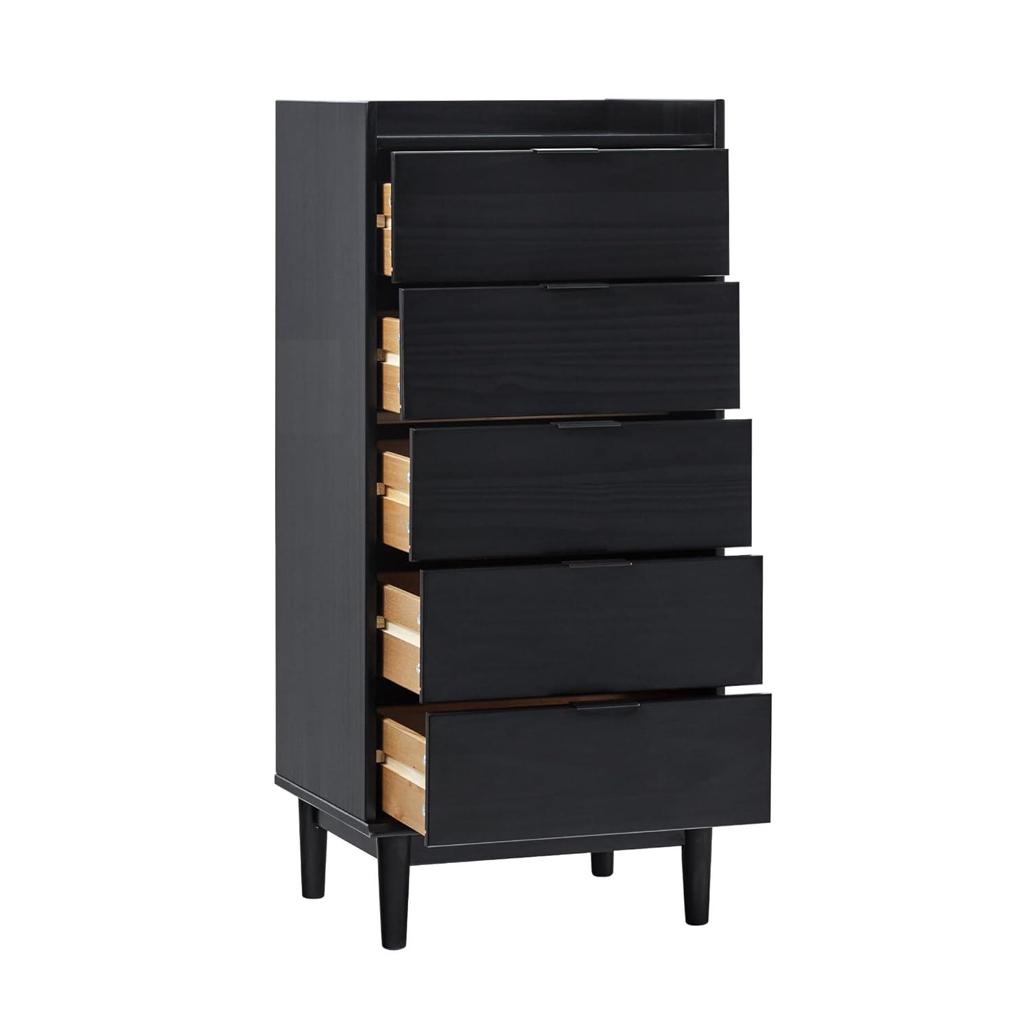 Walker Edison 43” Mid-Century Modern Gallery-Top 5-Drawer Dresser, Black