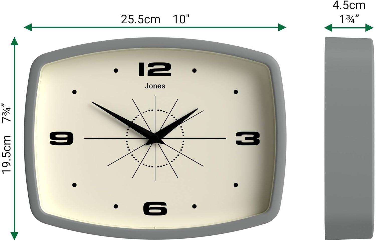 JONES CLOCKS® Movie Wall Clock | Rectangular Retro Clock | 10 inch | Grey | Cool mid-Century Designer Look for Kitchen, Living Room or Office