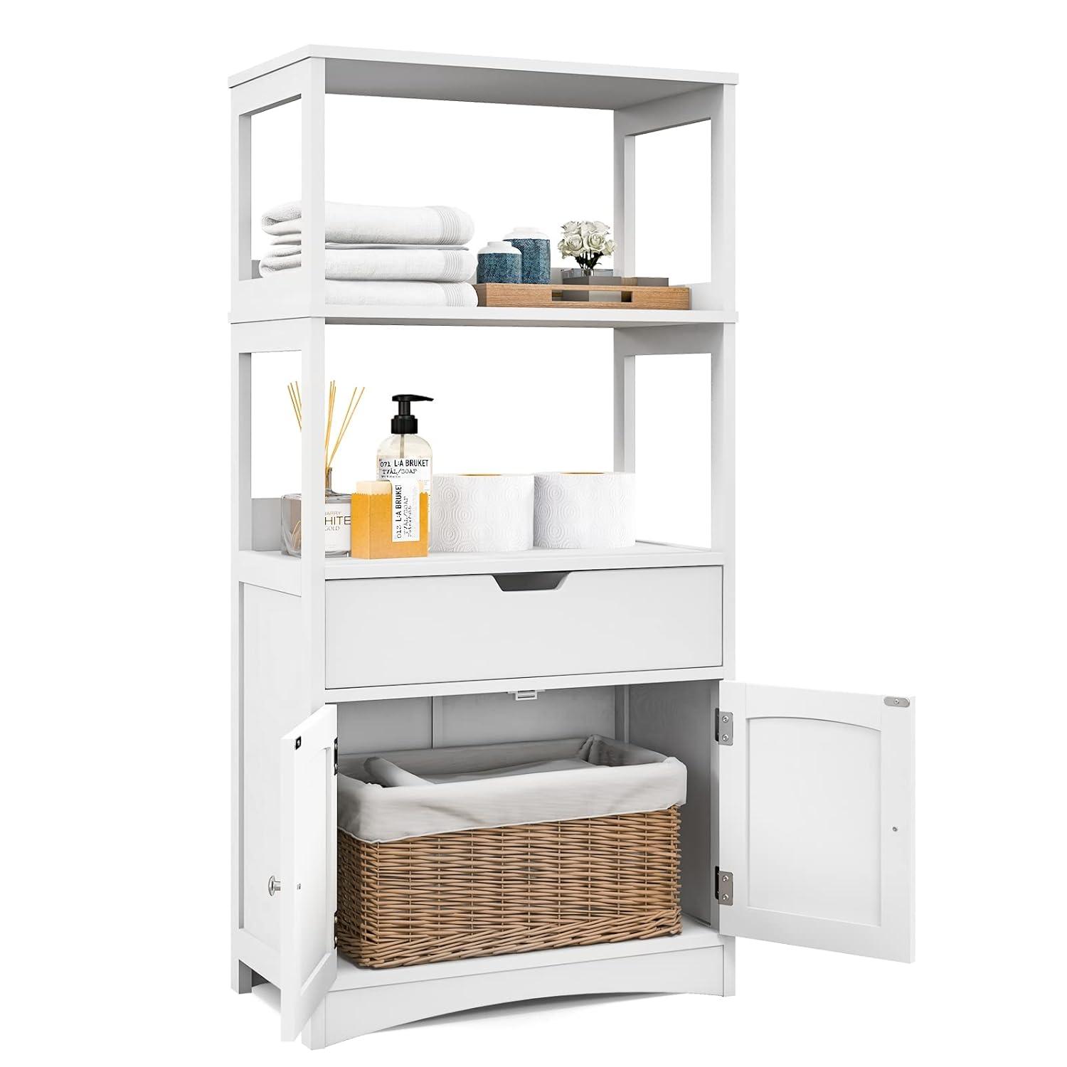 White Painted Engineered Wood Freestanding Cabinet with Shelves