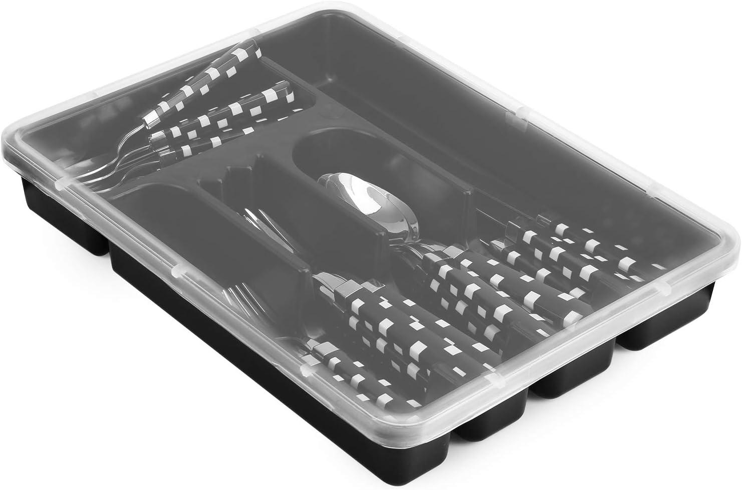 Zilpoo Flatware Tray with Lid Plastic Camper Picnic Cutlery and Utensil Drawer Organizer Kitchen Silverware Storage Container with Cover White