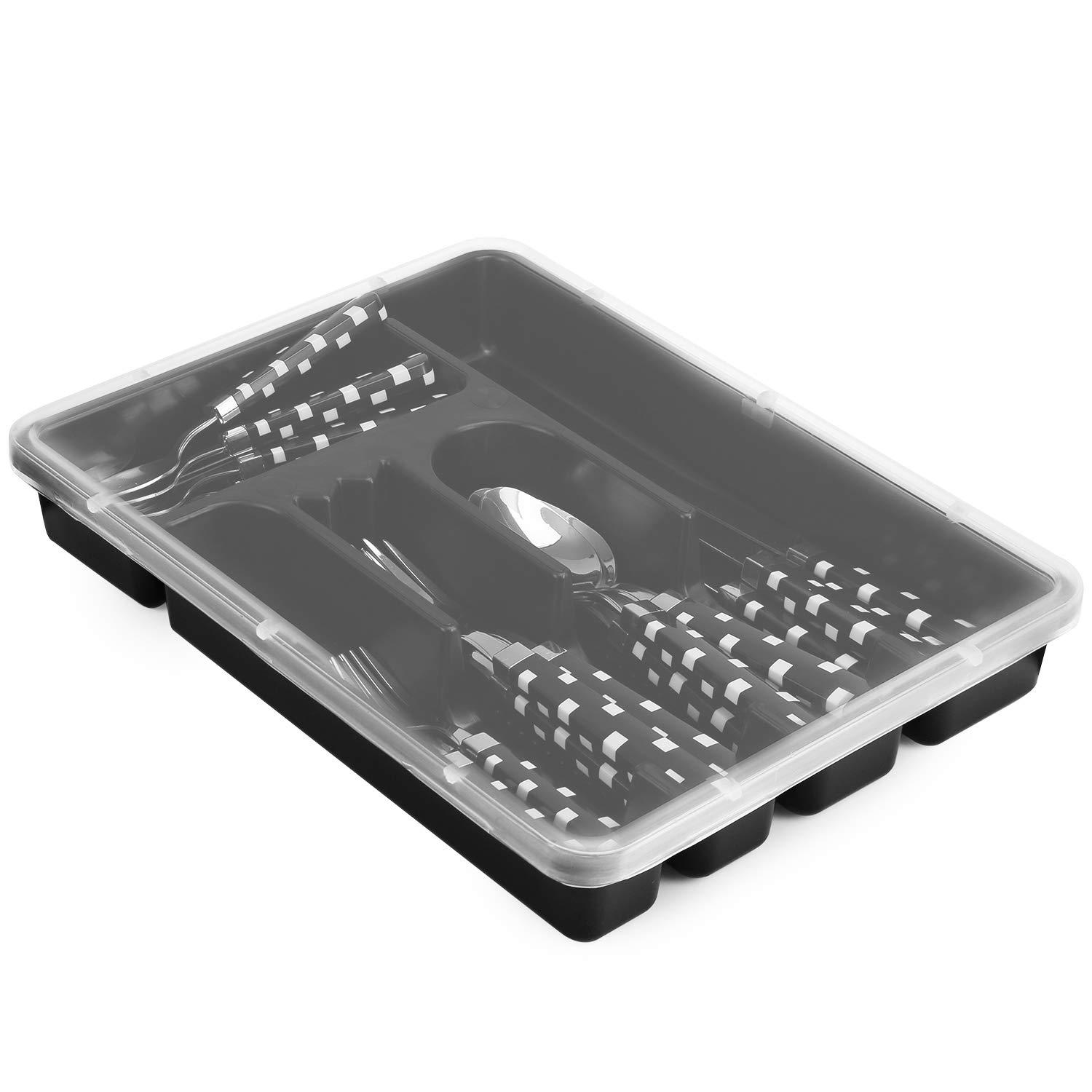 Zilpoo Flatware Tray with Lid Plastic Camper Picnic Cutlery and Utensil Drawer Organizer Kitchen Silverware Storage Container with Cover White