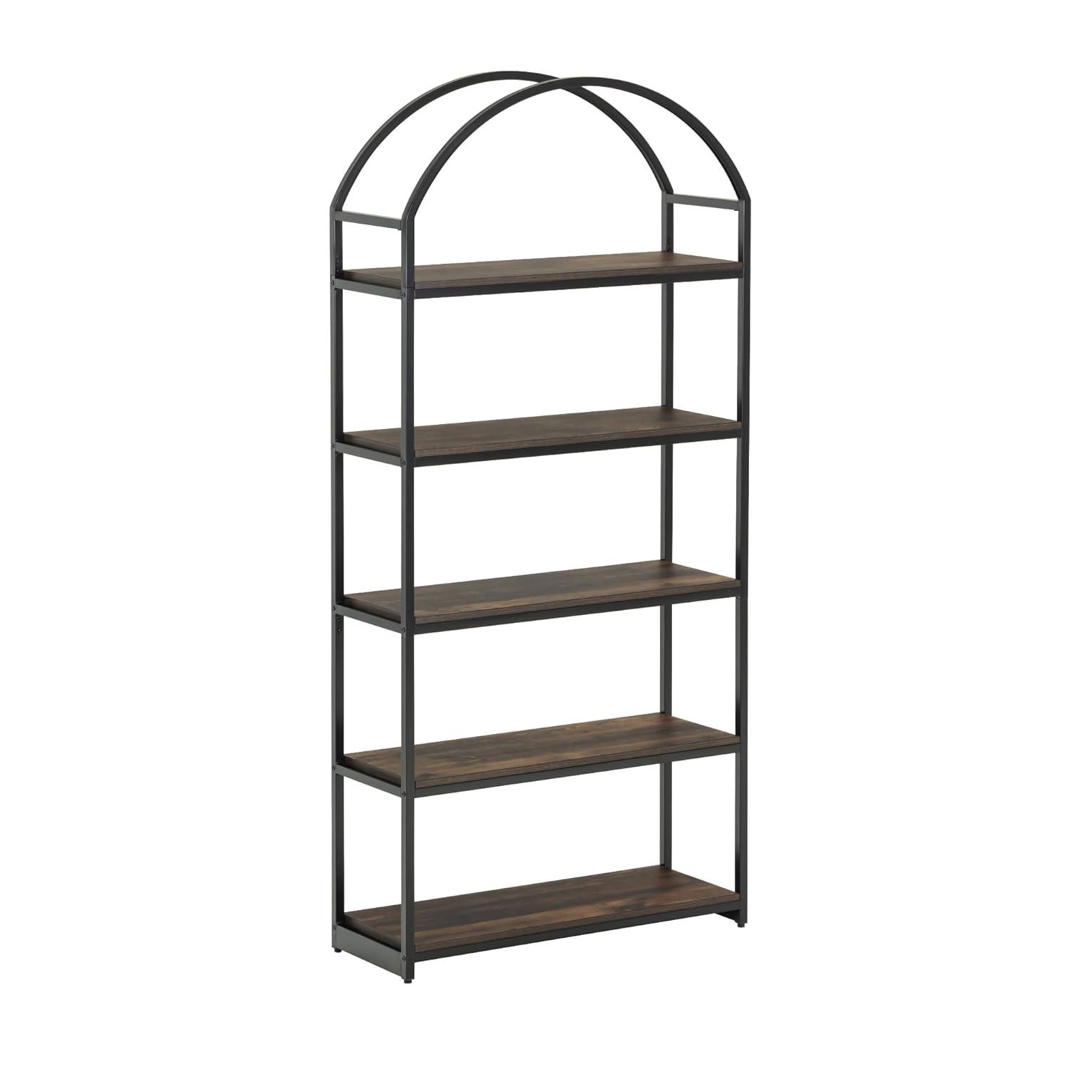 72" Black Matte Wood and Metal 5-Shelf Bookcase