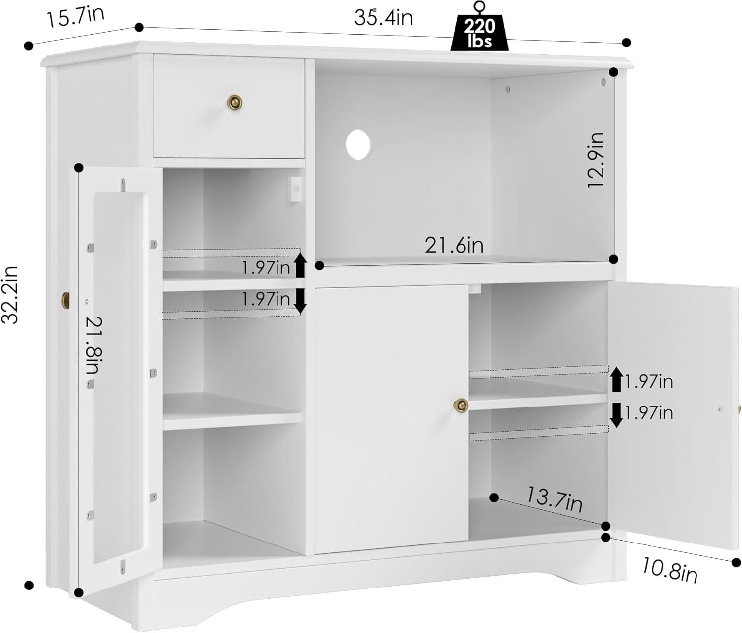 Drevy Storage Cabinet with 3 Doors and 1 Drawer, Buffet Cabinet Sideboard with Adjustable Shelves, Microwave Stand Cabinet for Kitchen, Dining Room, White