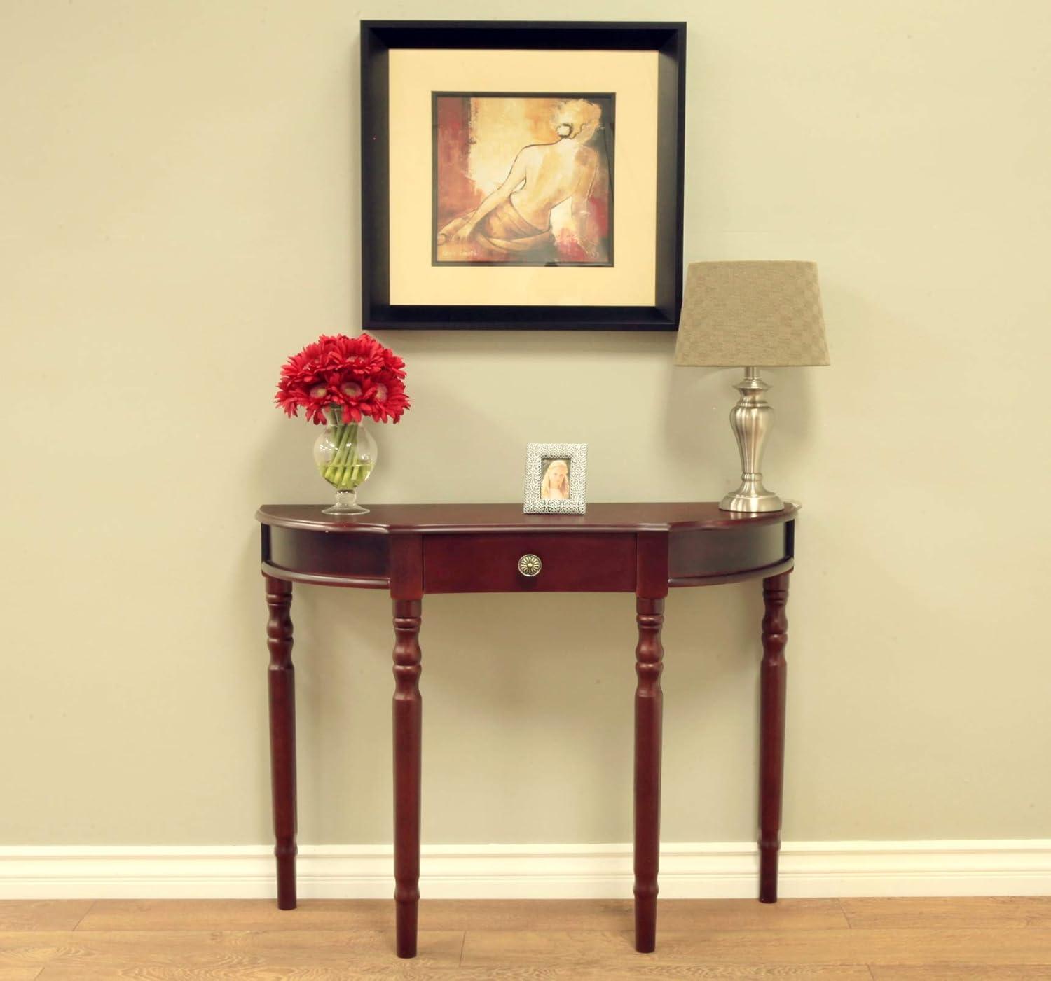 Dark Cherry Wood Half-Moon Console Table with Storage Drawer