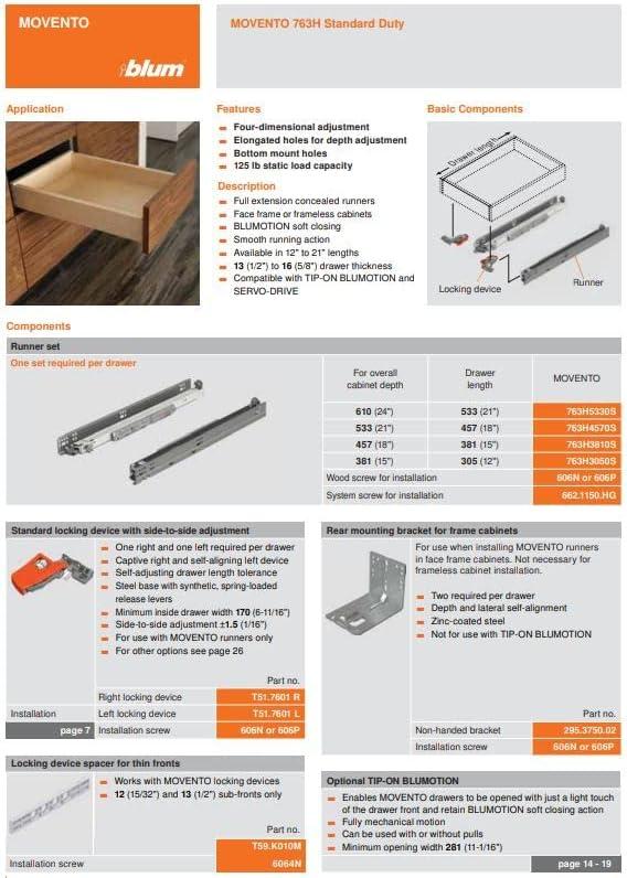 Blum 21" MOVENTO 763H Full Extension Blumotion Soft-Close Undermount Slides 763H5330S, With Locking Devices, Back Brackets, and Screws