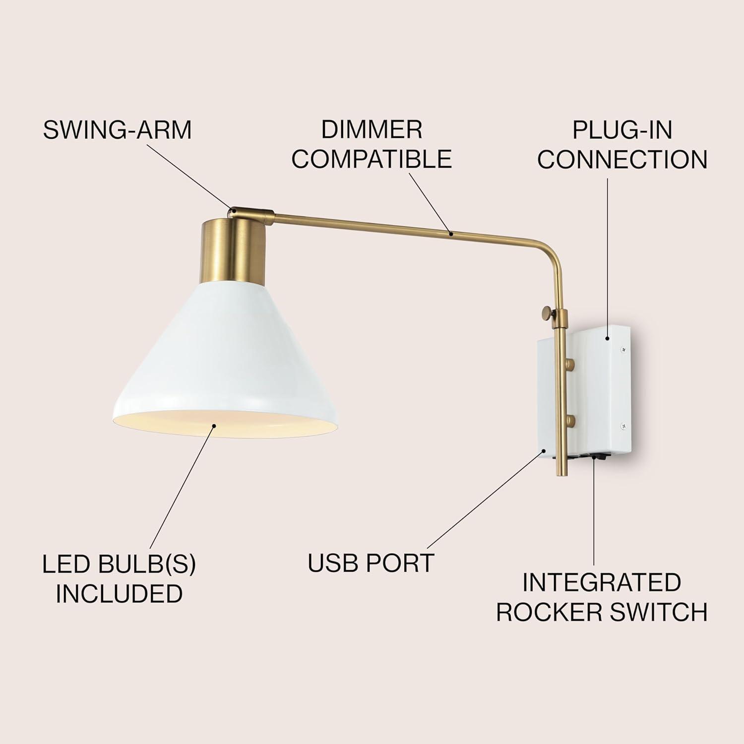 Max 20.5" Swing Arm 1-Light Modern Midcentury Iron USB Charging Port LED Sconce, White/Brass Gold