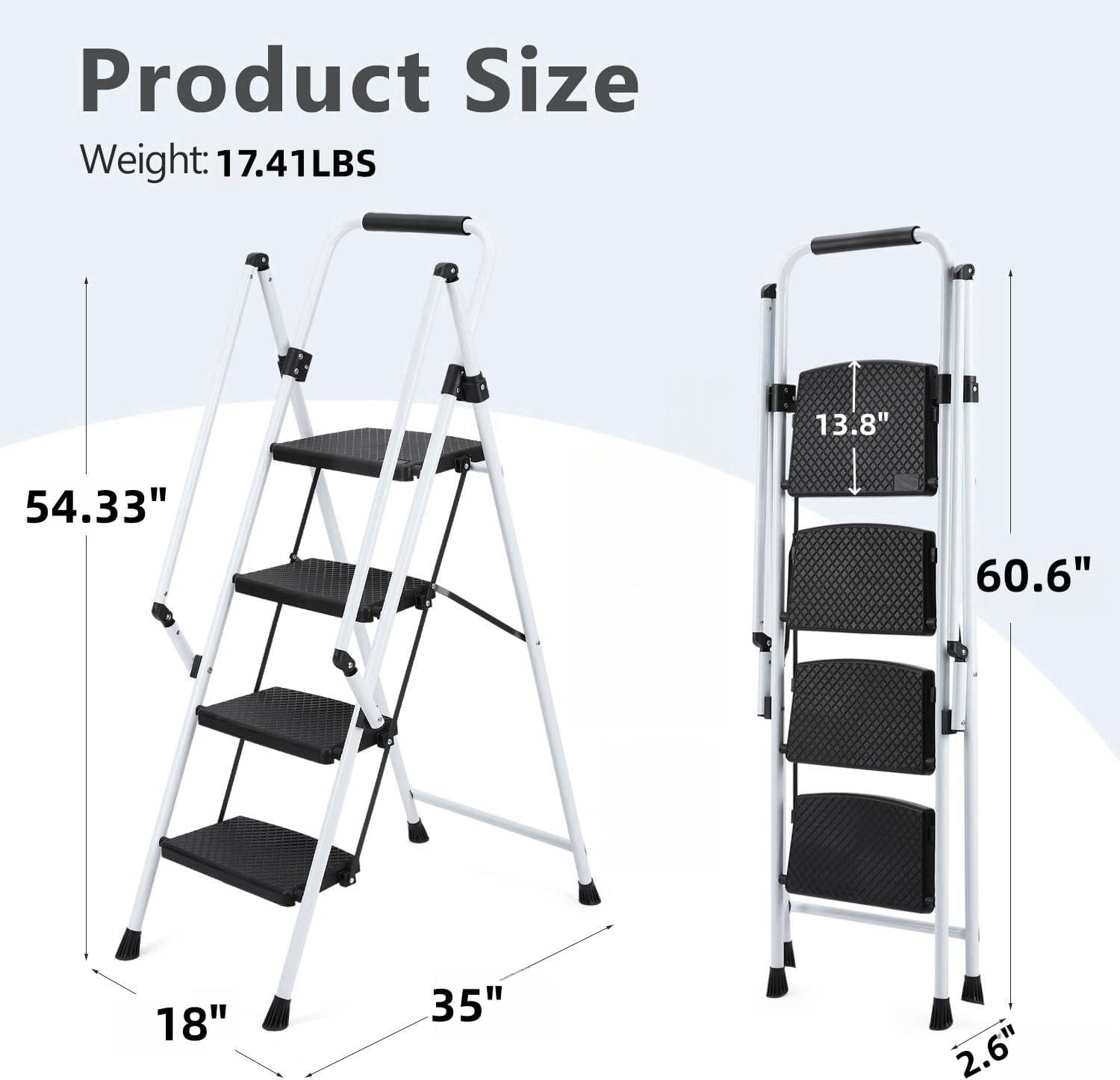 White Four-Step Ladder, Light Folding Four-Step Stool, Wide Anti-Skid Pedal and Safety Handle, Strong Steel Ladder, Multi-Purpose Ladder, Applicable to Family, Kitchen, Office Elevator