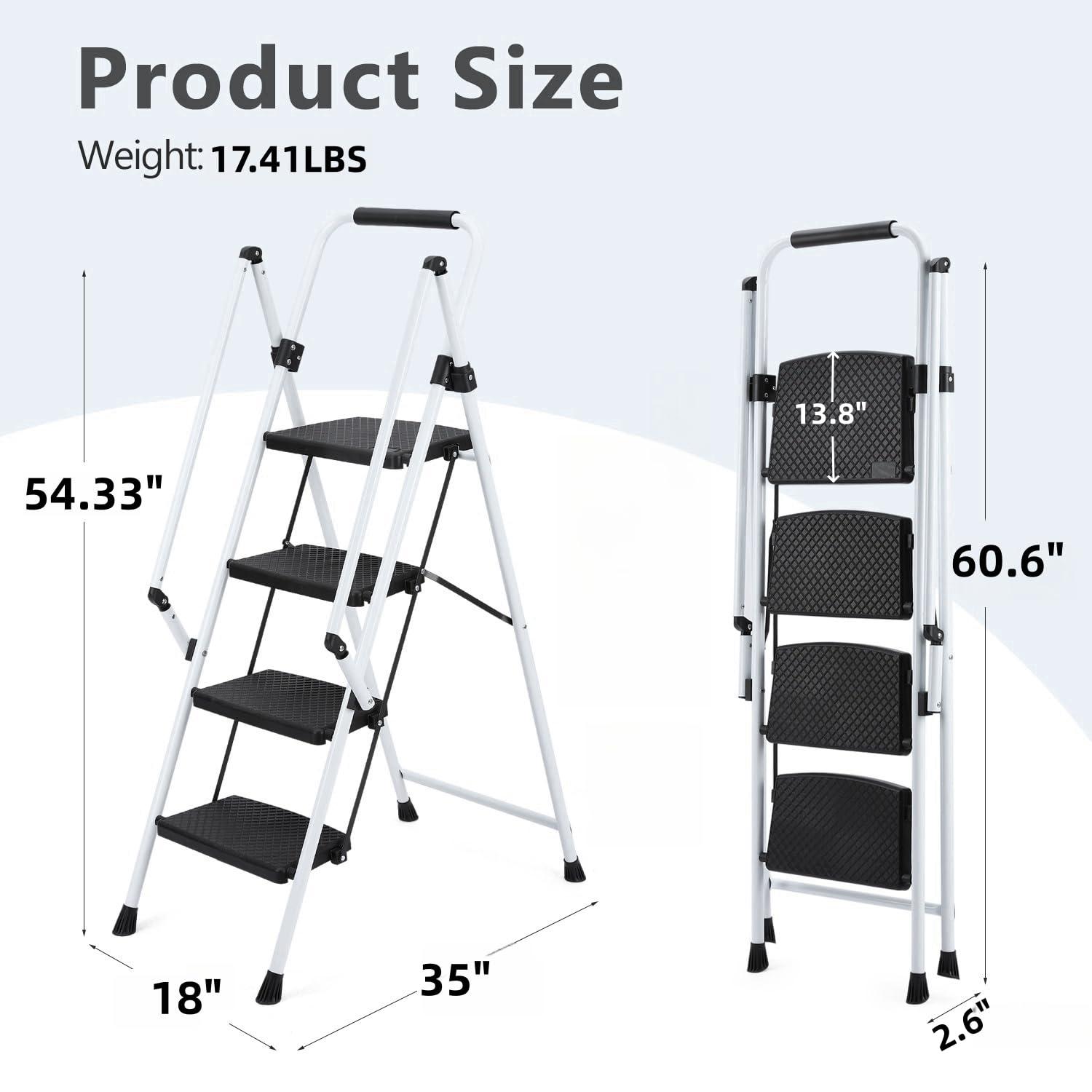 White Four-Step Ladder, Light Folding Four-Step Stool, Wide Anti-Skid Pedal and Safety Handle, Strong Steel Ladder, Multi-Purpose Ladder, Applicable to Family, Kitchen, Office Elevator