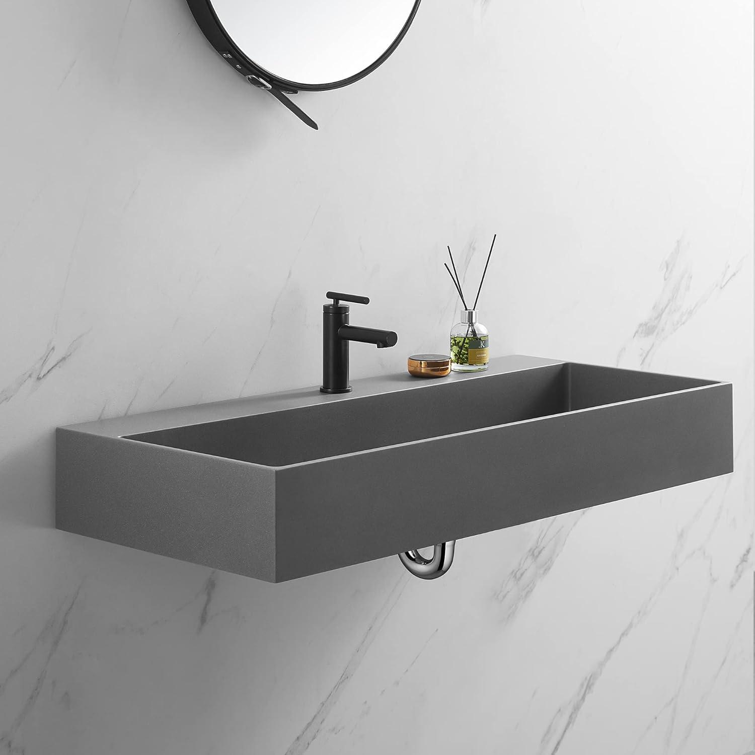 Matte Gray Granite Wall-Mount Rectangular Bathroom Sink