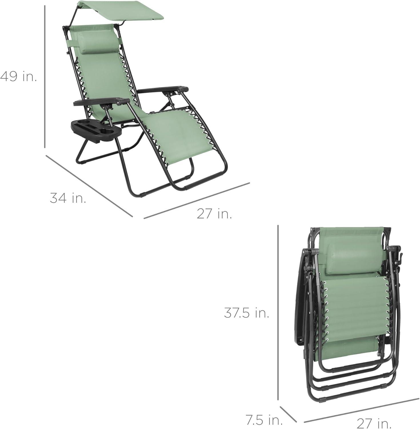 Sage Green Folding Zero Gravity Recliner with Canopy and Tray