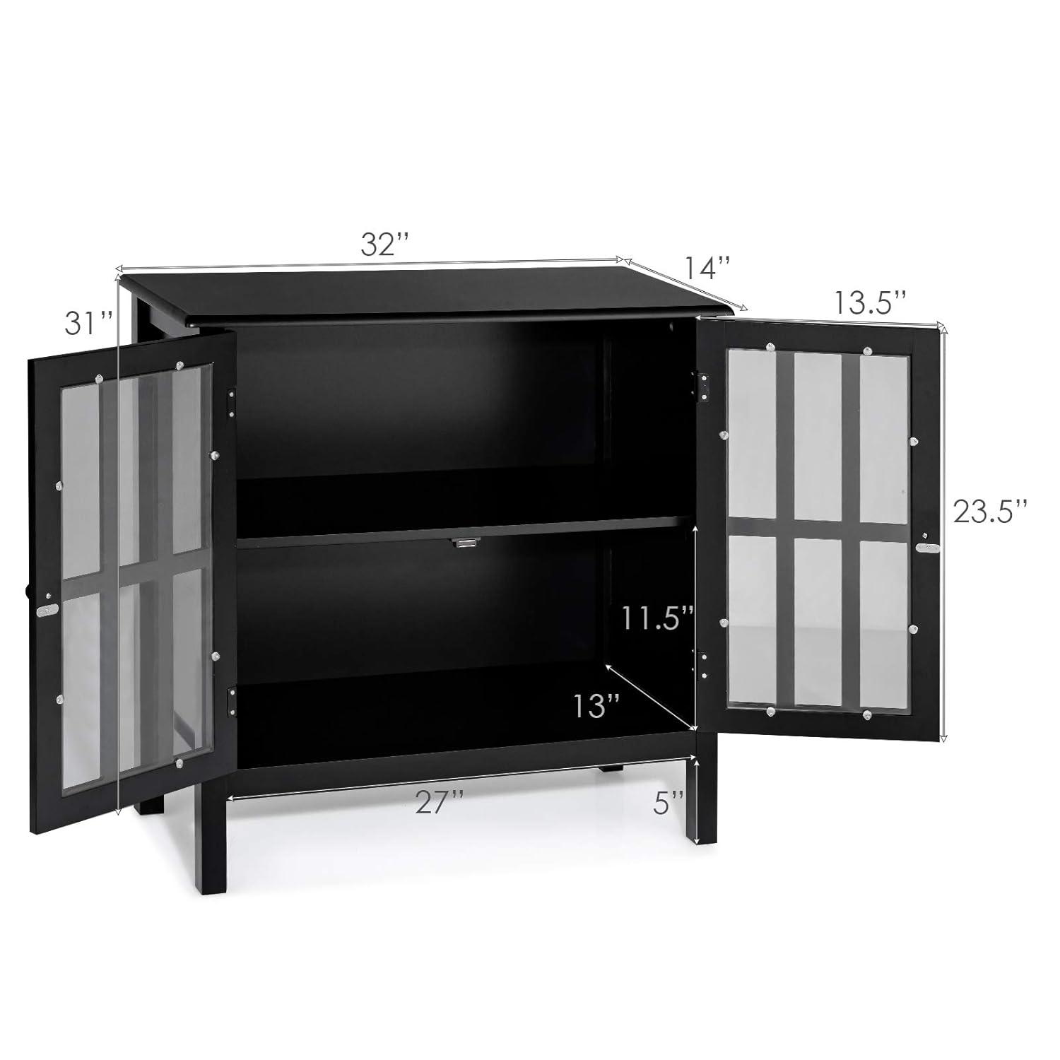 Tangkula Sideboard Buffet Storage Cabinet, with 2 Glass Doors, Liquor Curio Cabinet for Home Kitchen Dining Room, Cupboard Console Table (Black)