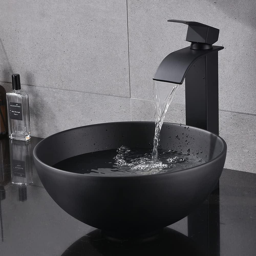 Matte Black Square Ceramic Above-Counter Vessel Sink with Pop-Up Drain