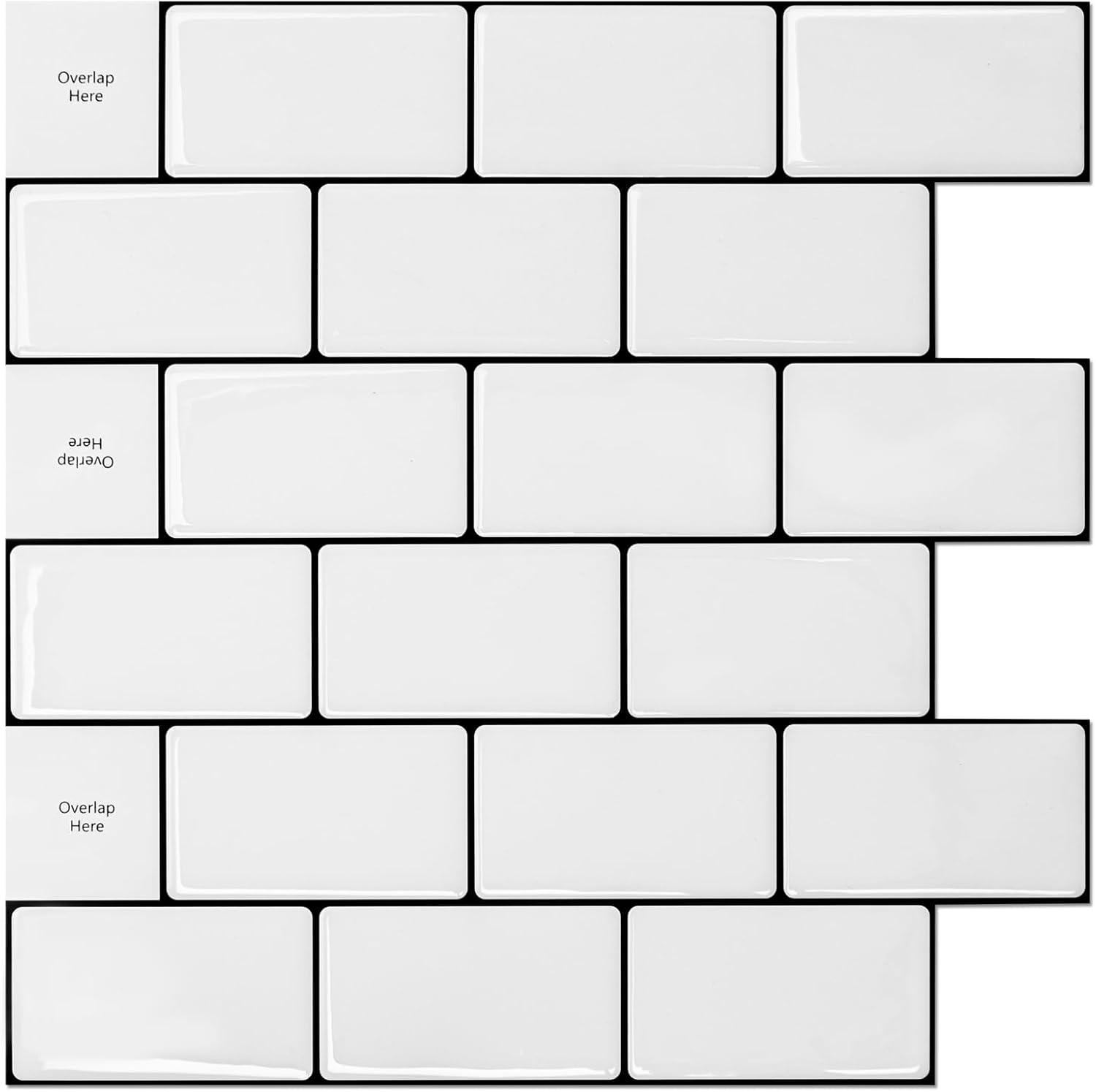 Art3d Peel and Stick Backsplash Tile, 10-Sheet Stick on Subway Tiles for Kitchem, Bathroom Back Splashes, 12"x12", Warm White with Black Grout