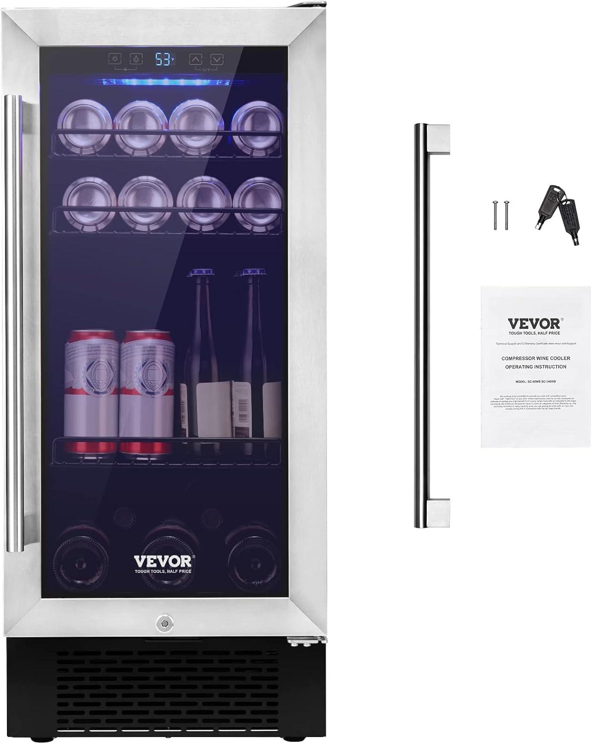 VEVOR Wine Cooler, 30 Bottles Capacity Under Counter Built-in or Freestanding Wine Refrigerator, Beverage Cooler with Blue LED Light, Single Door, Child Lock for Drink Beer Soda Wine Water, ETL Listed