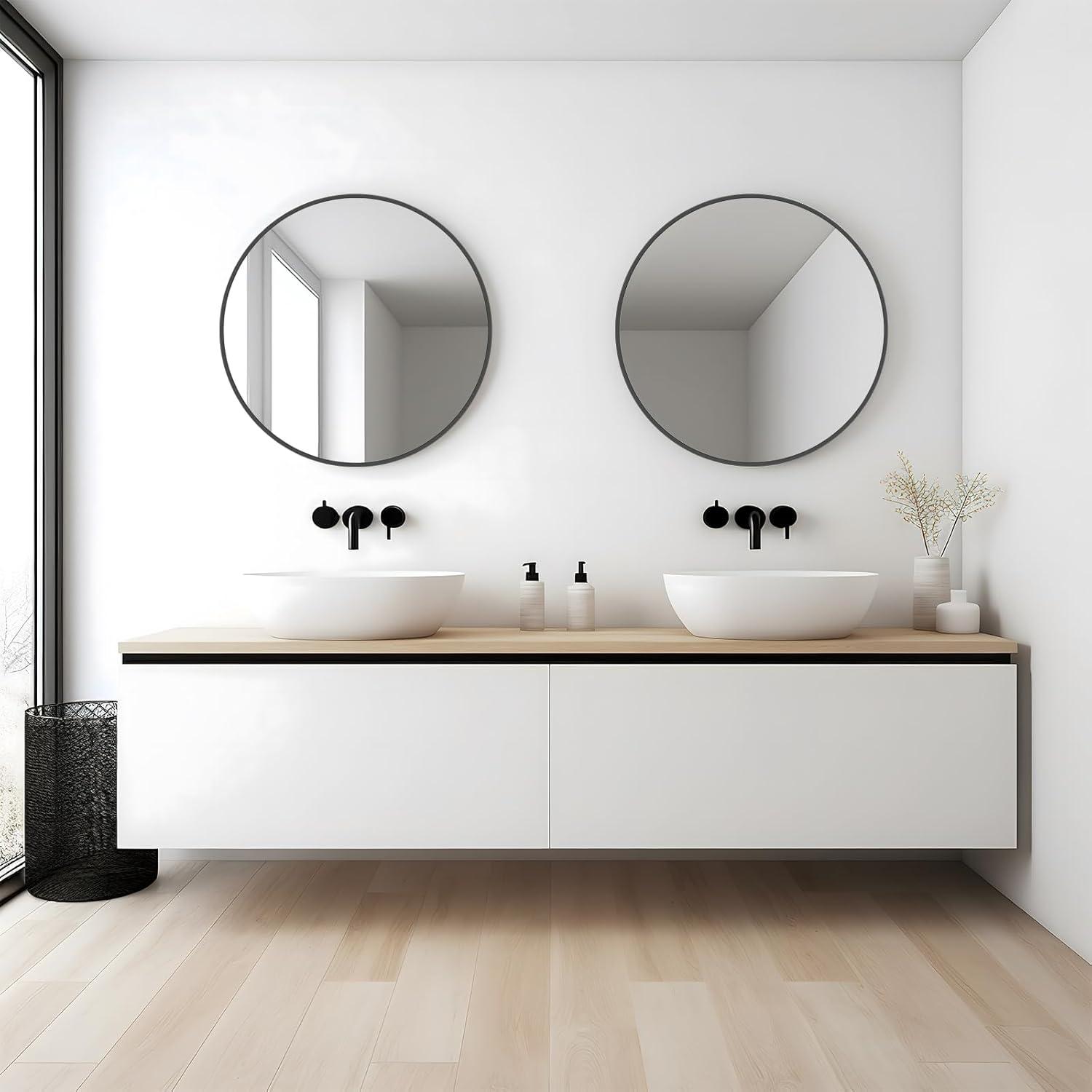 Walnut Round Pine Wood Mirror, 32" Diameter