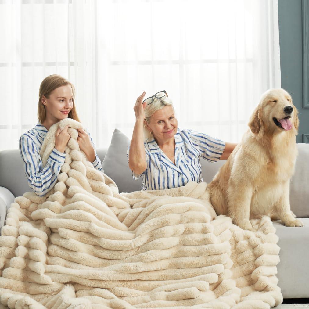 Beige Faux Fur Striped Throw Blanket for Couch 60x80