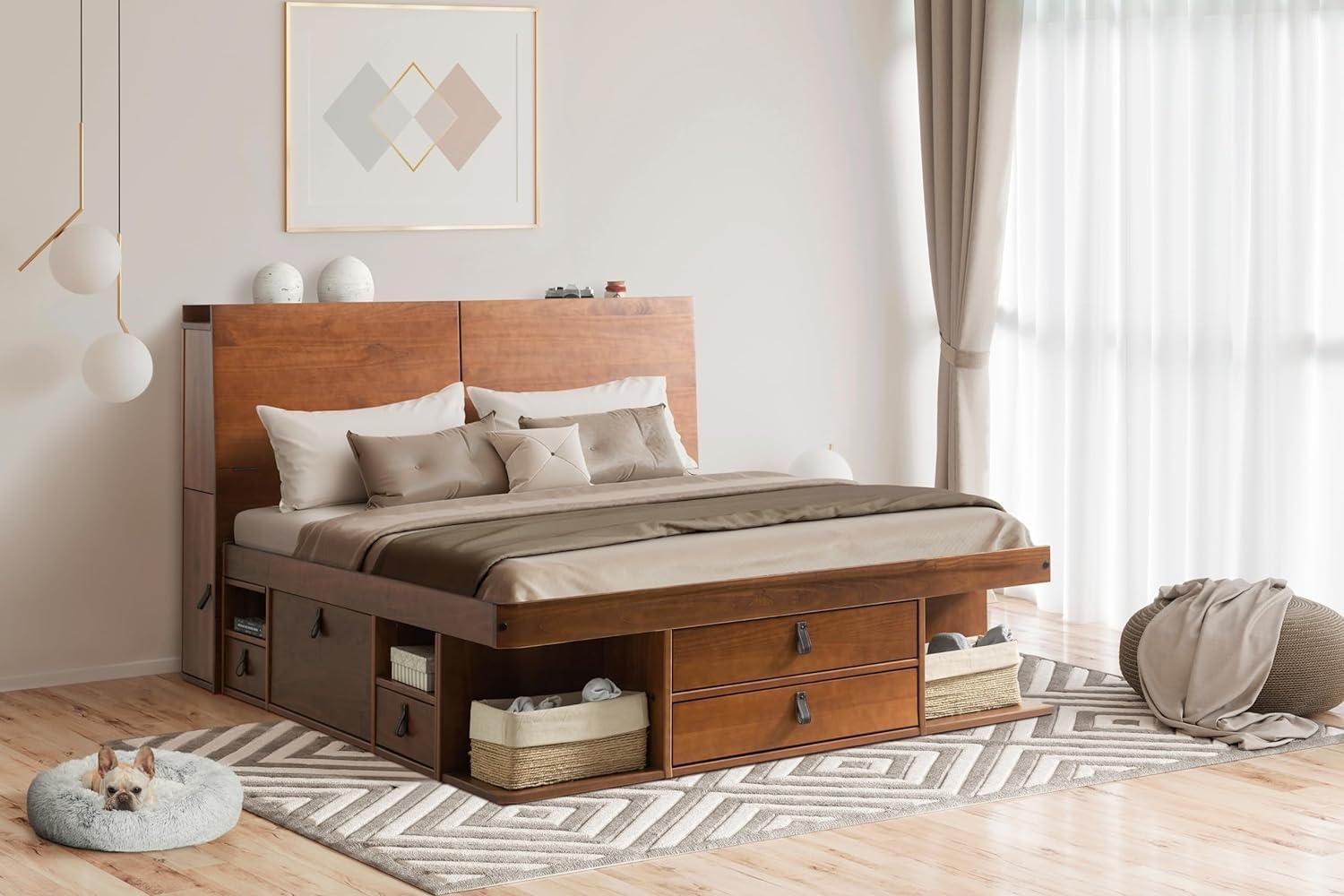 Memomad Cama Bali - Plataforma de Almacenamiento King Marco de Cama de Madera Resistente con Cajones y Más - Madera de Pino Macizo - sin Ruido - No Necesita Somier - Listones de Madera Incluidos (Cama Tamaño King, Madera Marrón Roble)