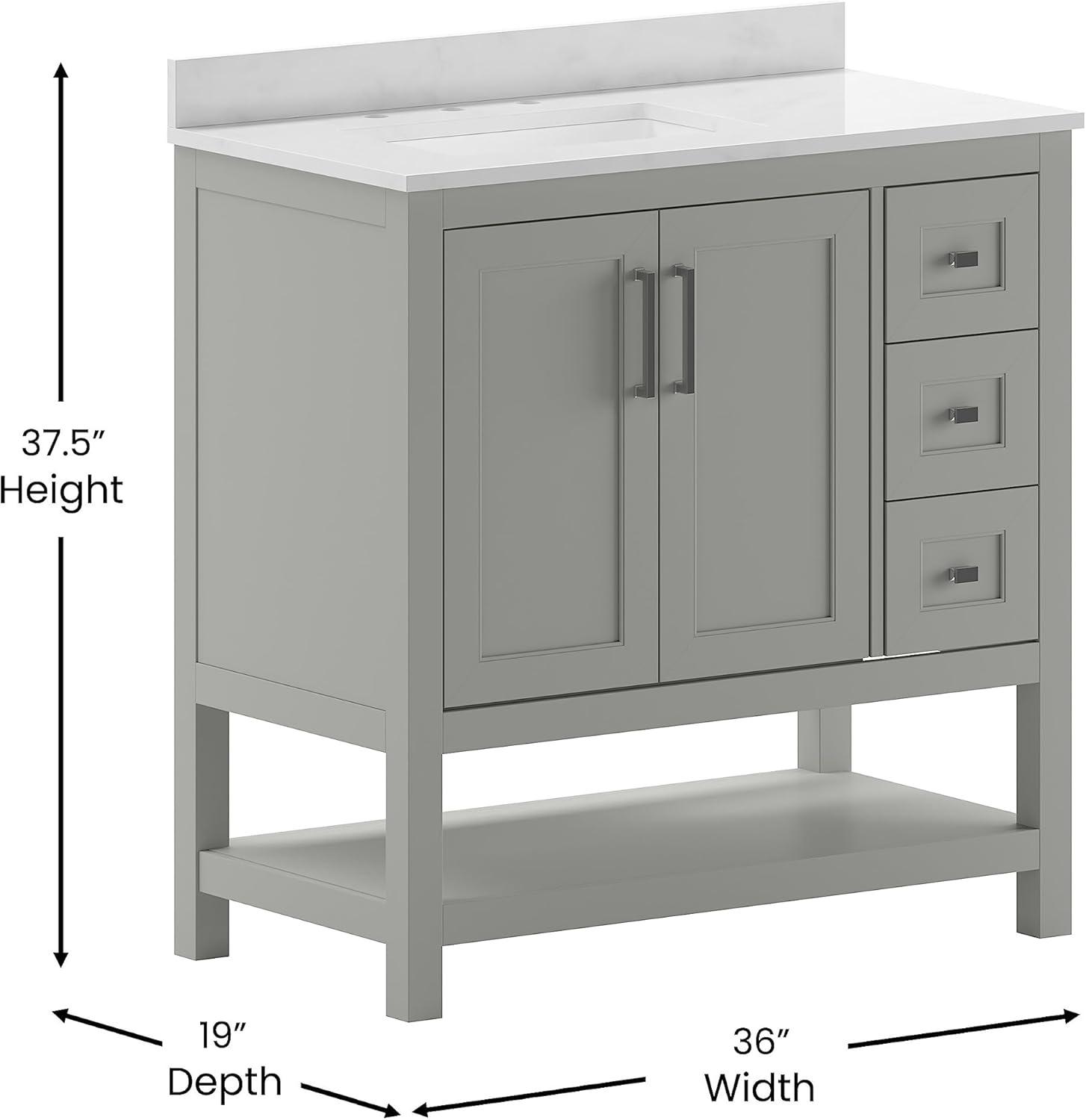 Taylor & Logan 36" Vivien Bathroom Vanity with Open Shelf and 3 Drawers Gray: Stoneware Top, Wood Frame, Single Basin