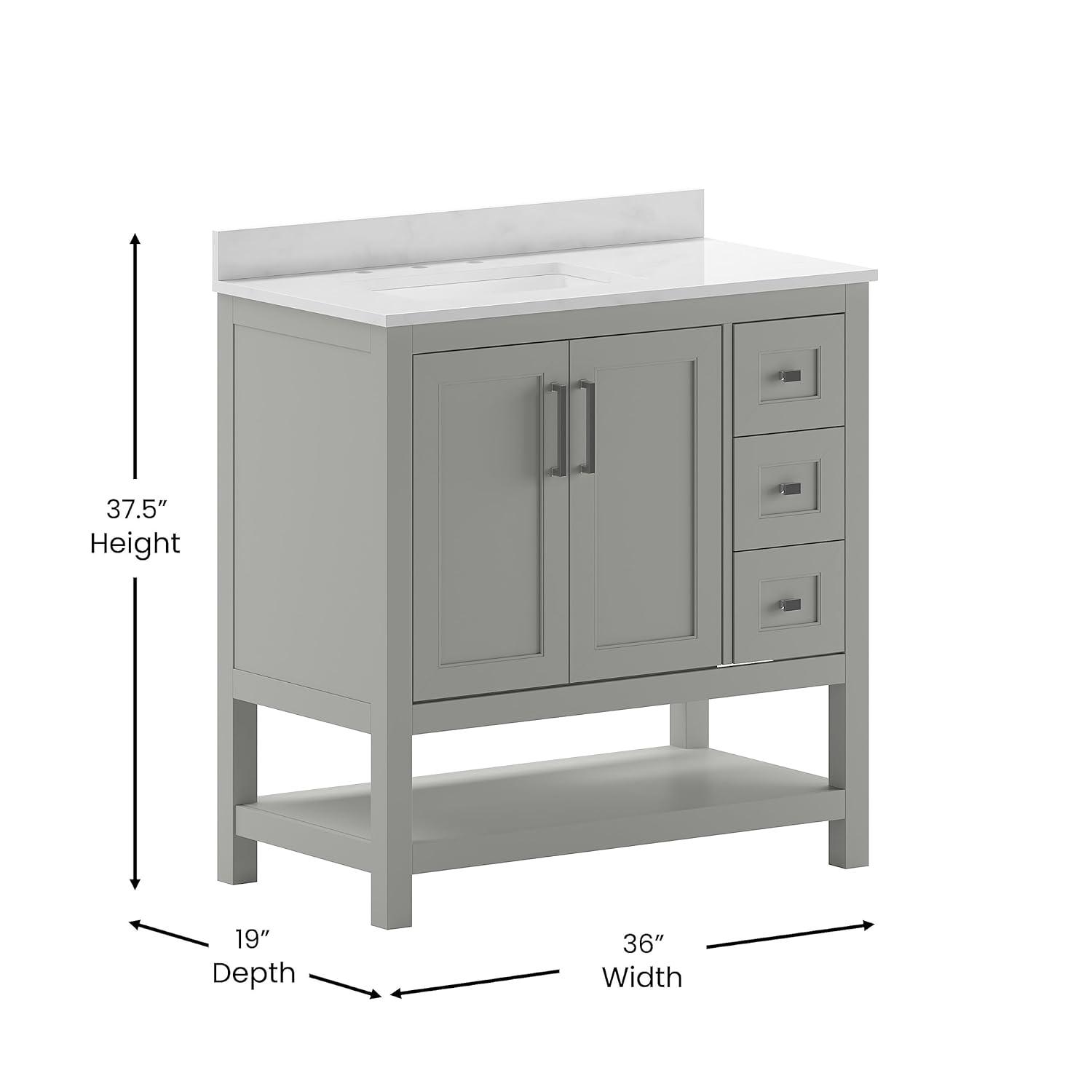 Taylor & Logan 36" Vivien Bathroom Vanity with Open Shelf and 3 Drawers Gray: Stoneware Top, Wood Frame, Single Basin