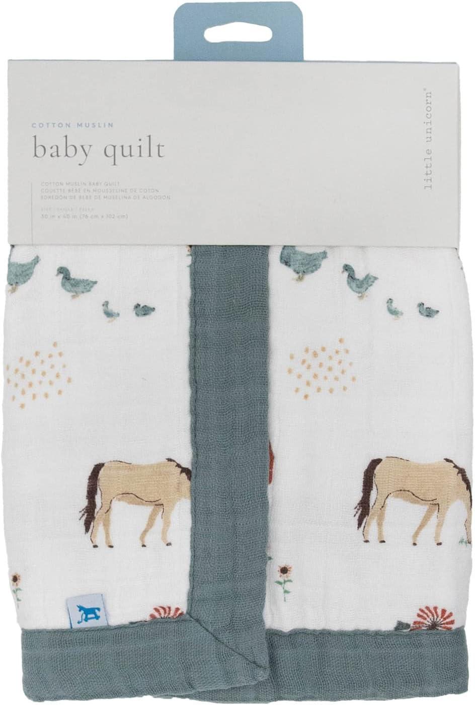 Farmyard Print White Cotton Baby Quilt