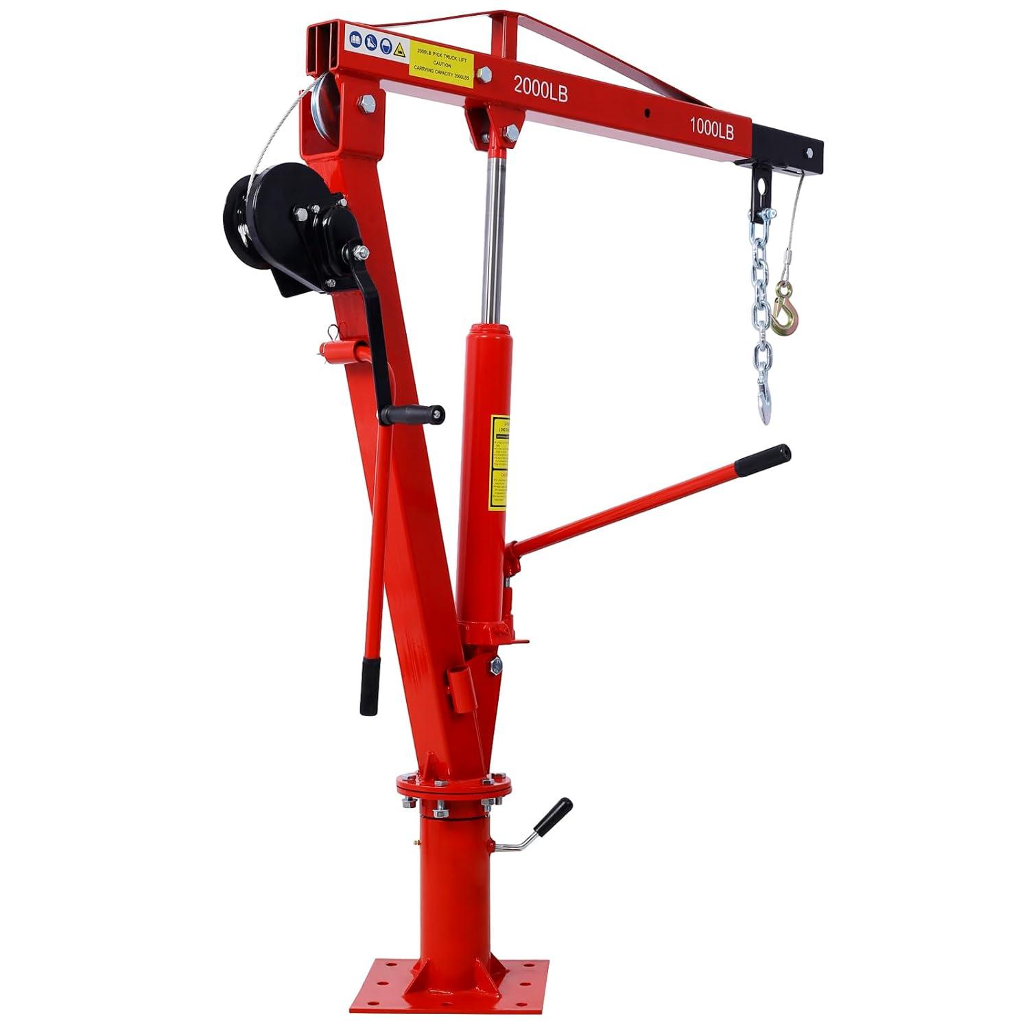 Hydraulic Pickup Truck Crane with Hand Winch , Pickup Truck Bed Hoist Jib Crane- 2000-Lb. Capacity Red