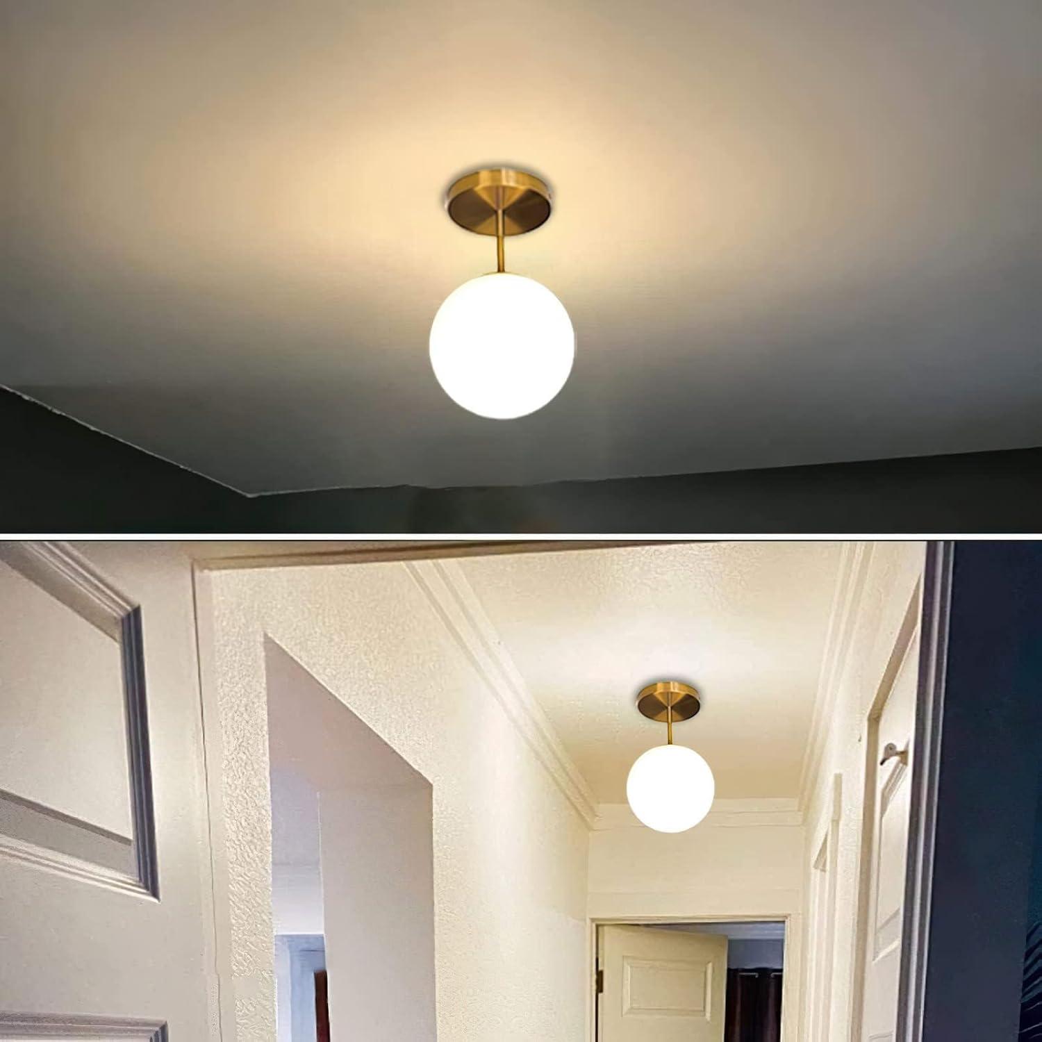 Mid Century Modern Globe Semi Flush Mount Ceiling Light Fixture Frosted Glass with Gold Brass Finish,1-Light Sphere Glass Pendant Lights for Aisle Porch Stairway Closet Kitchen Laundry Room(Bulb Incl)