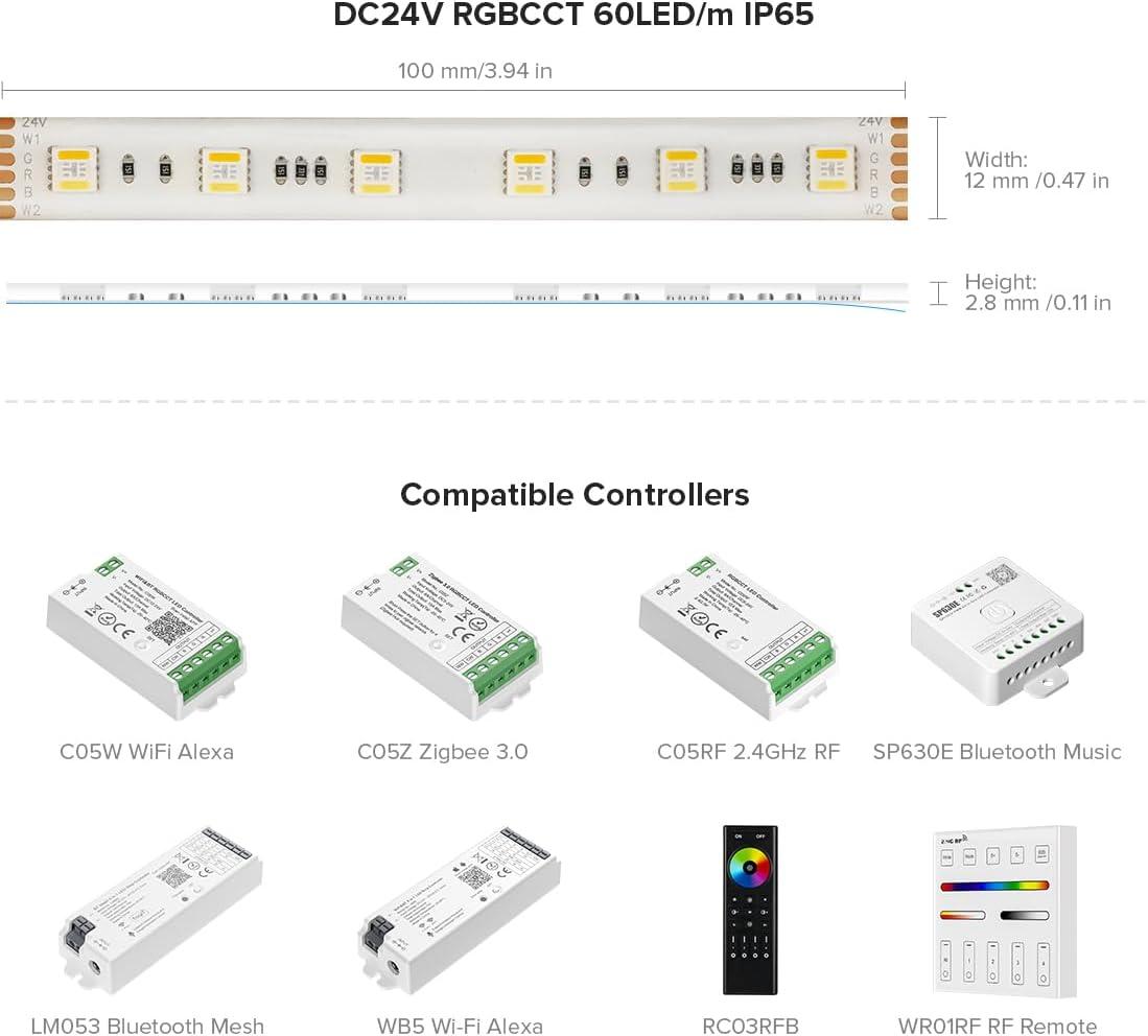BTF-LIGHTING RGBCCT 5 Colors in 1 LED 5050SMD RGBWW RGB+Dimmable Tunable Color Temperature 2700K-6500K 16.4ft 60LEDs/m 300LEDs DC24V Multi-Colored Tape Lights IP30 White PCB(No Adapter or Controller)
