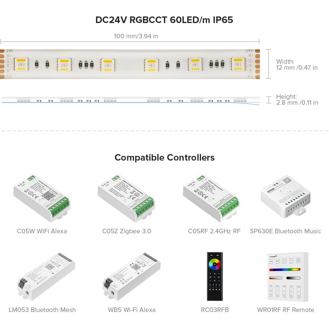 BTF-LIGHTING RGBCCT 5 Colors in 1 LED 5050SMD RGBWW RGB+Dimmable Tunable Color Temperature 2700K-6500K 16.4ft 60LEDs/m 300LEDs DC24V Multi-Colored Tape Lights IP30 White PCB(No Adapter or Controller)