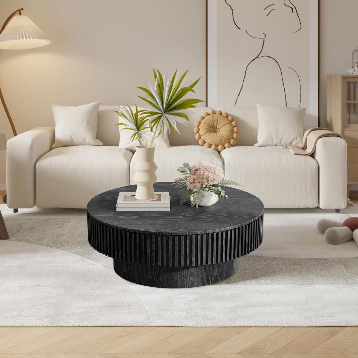 Round Coffee Table with Storage, Modern Wooden Coffee Table with Solid Wood Veneered, 31.5" Small Circle Center Table,Tea Table for Living Room,Home Small Space,Black