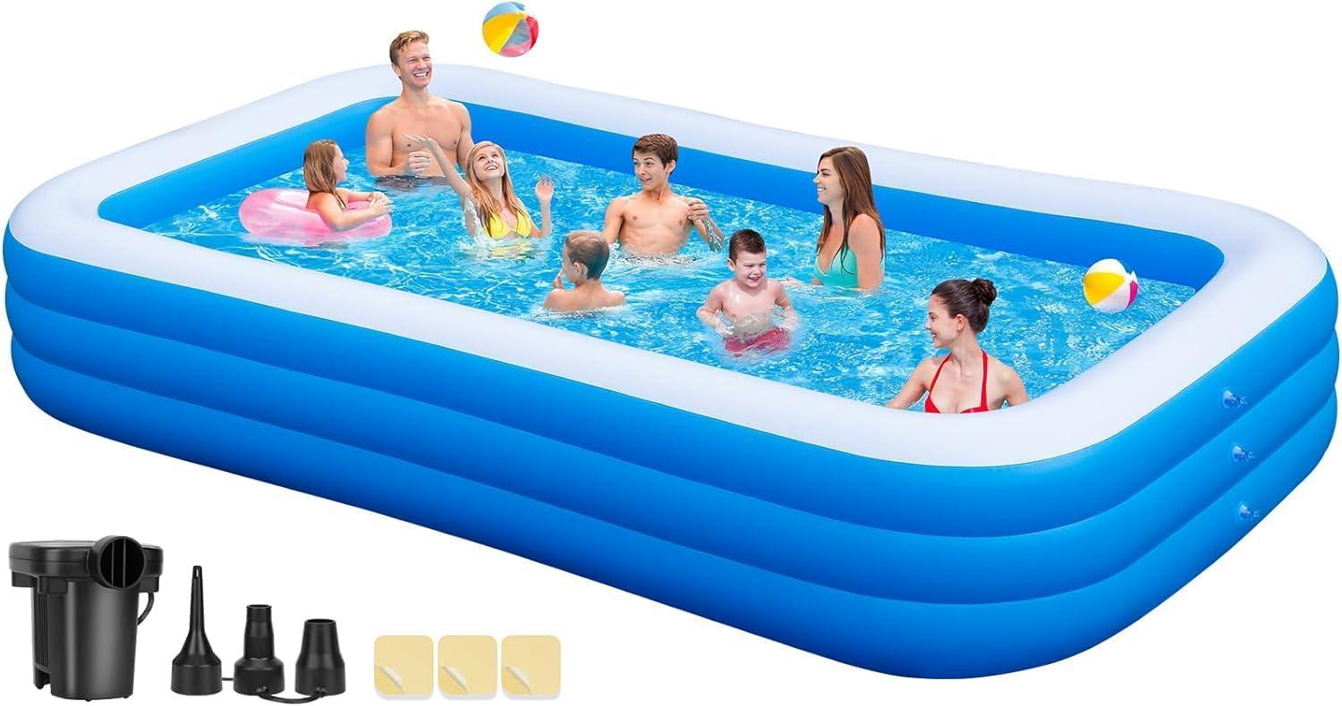 Large Blue and White Inflatable Family Pool with Pump