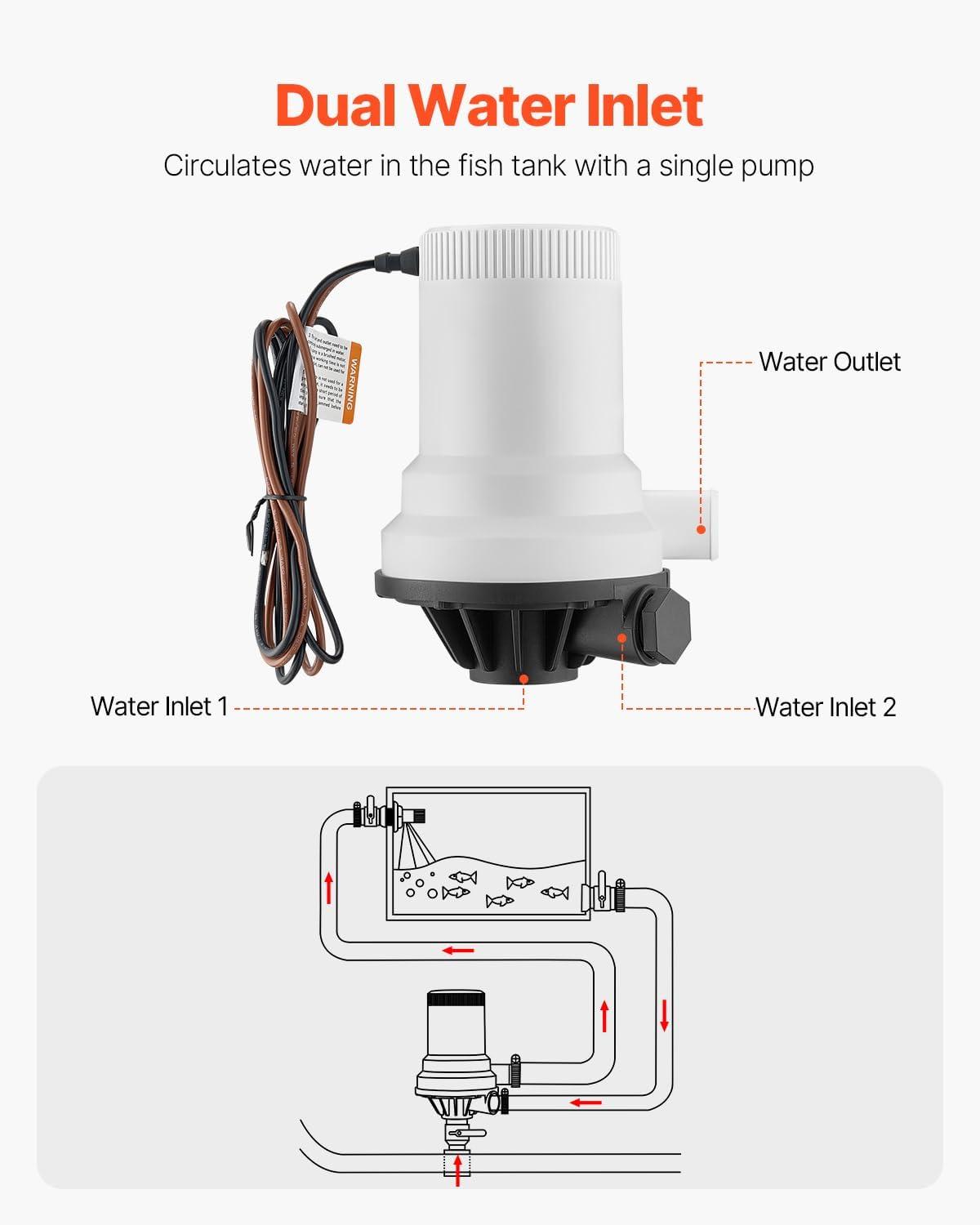 Livewell Pump for Boat 12V 1600 GPH Straight Livewell Aerator Pump with Dual Inlet ABA Housing for Freshwater Saltwater