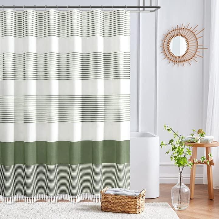 Sage Green and White Striped Fabric Shower Curtain with Pompoms