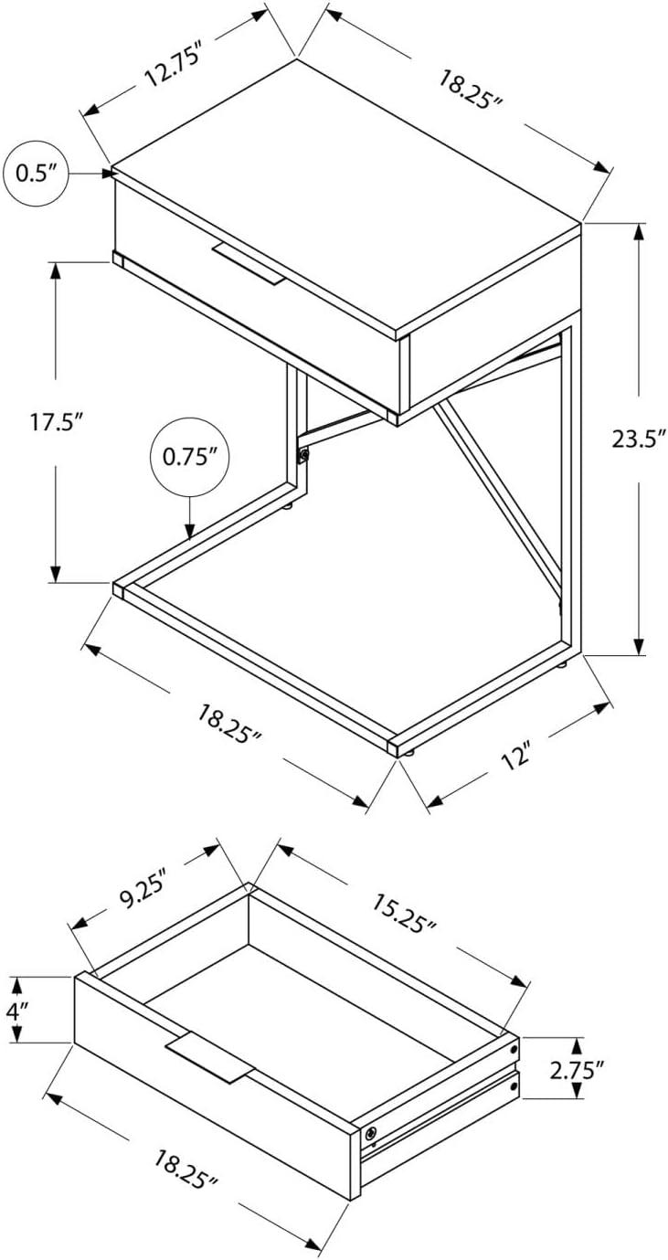 Monarch Specialties Accent Table Side End Nightstand Lamp Storage Drawer Living Room Bedroom Metal Laminate Grey Chrome Contemporary Modern