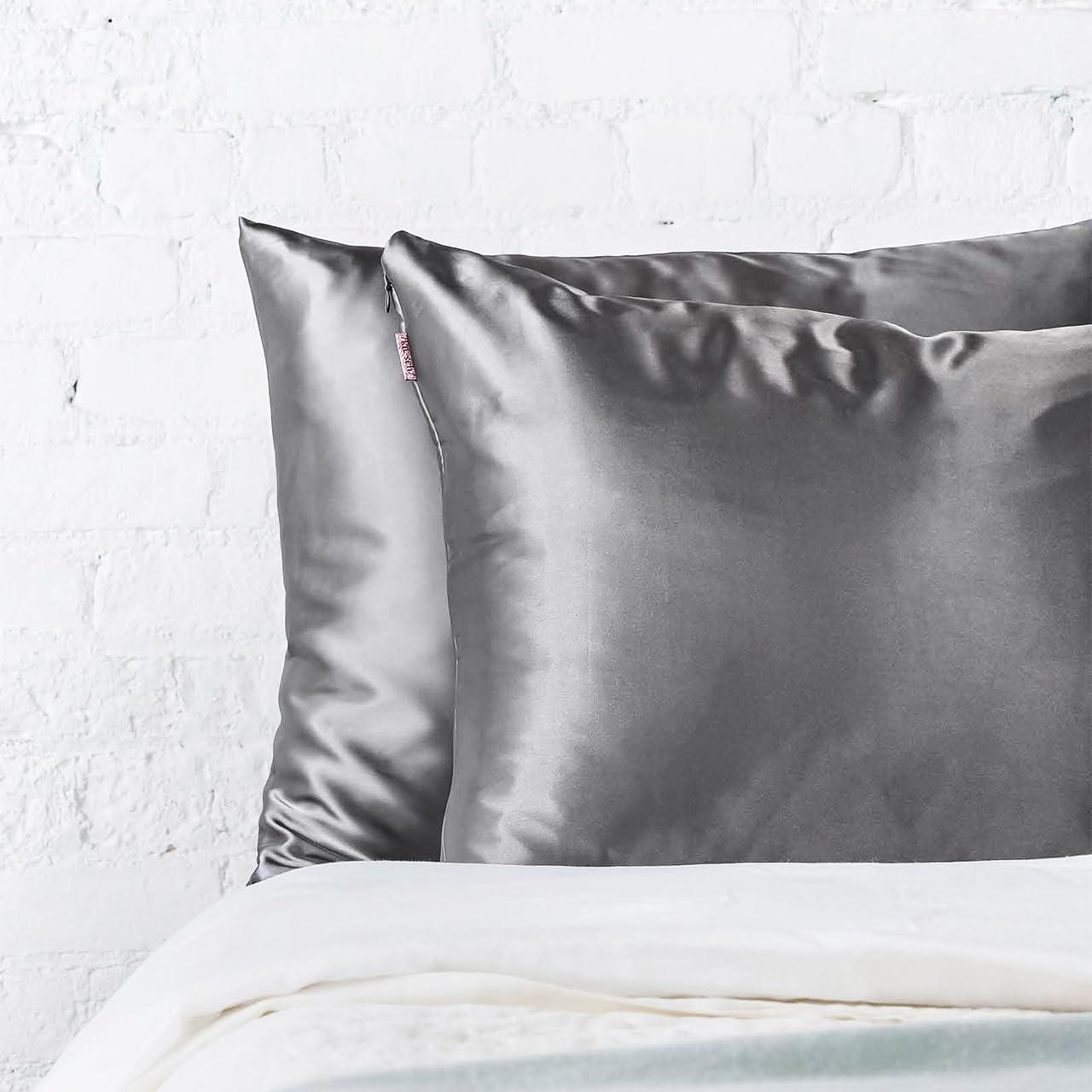 Charcoal Gray Satin and Silk Queen Pillowcase Set with Zipper