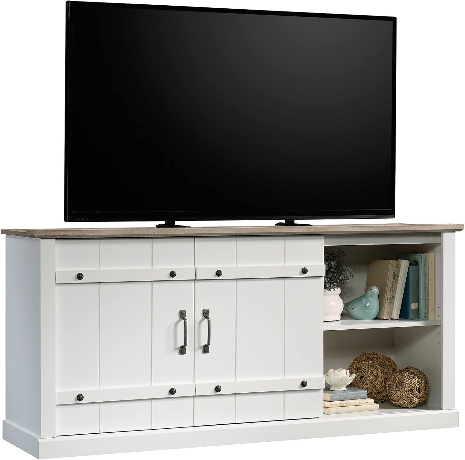 Soft White Farmhouse TV Stand with Oak Accent for 70" TVs