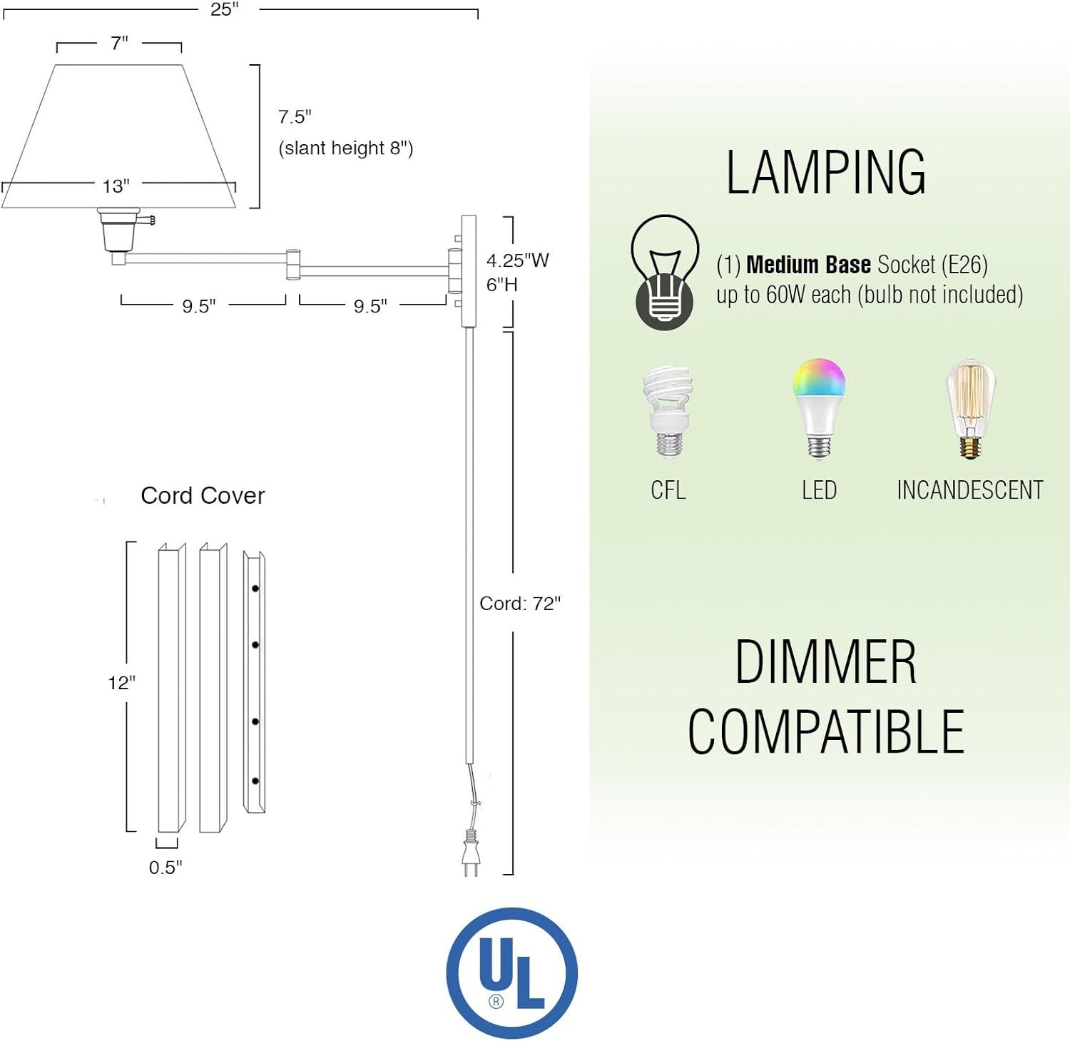 Revel Cambridge 13" Swing Arm Wall Lamp - Plug In/Wall Mount + White Fabric Shade, 150W 3-Way, Satin Nickel, 2-Pack